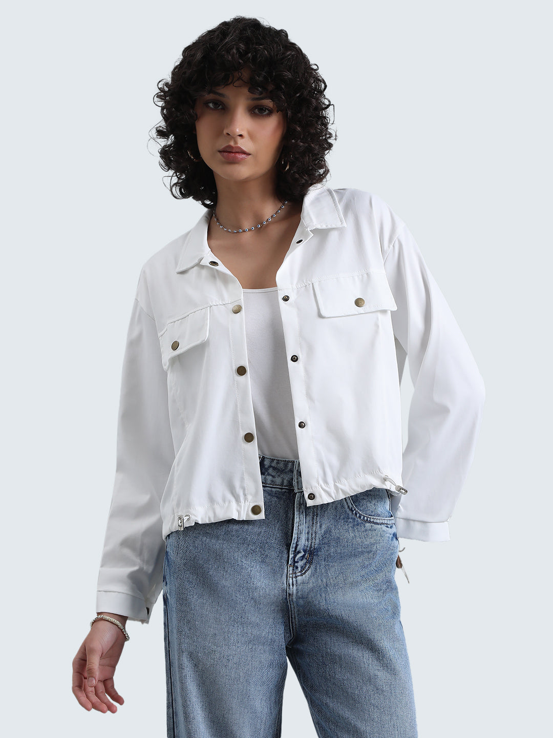 Women's White Button Down Utility Shirt with Flap Pockets