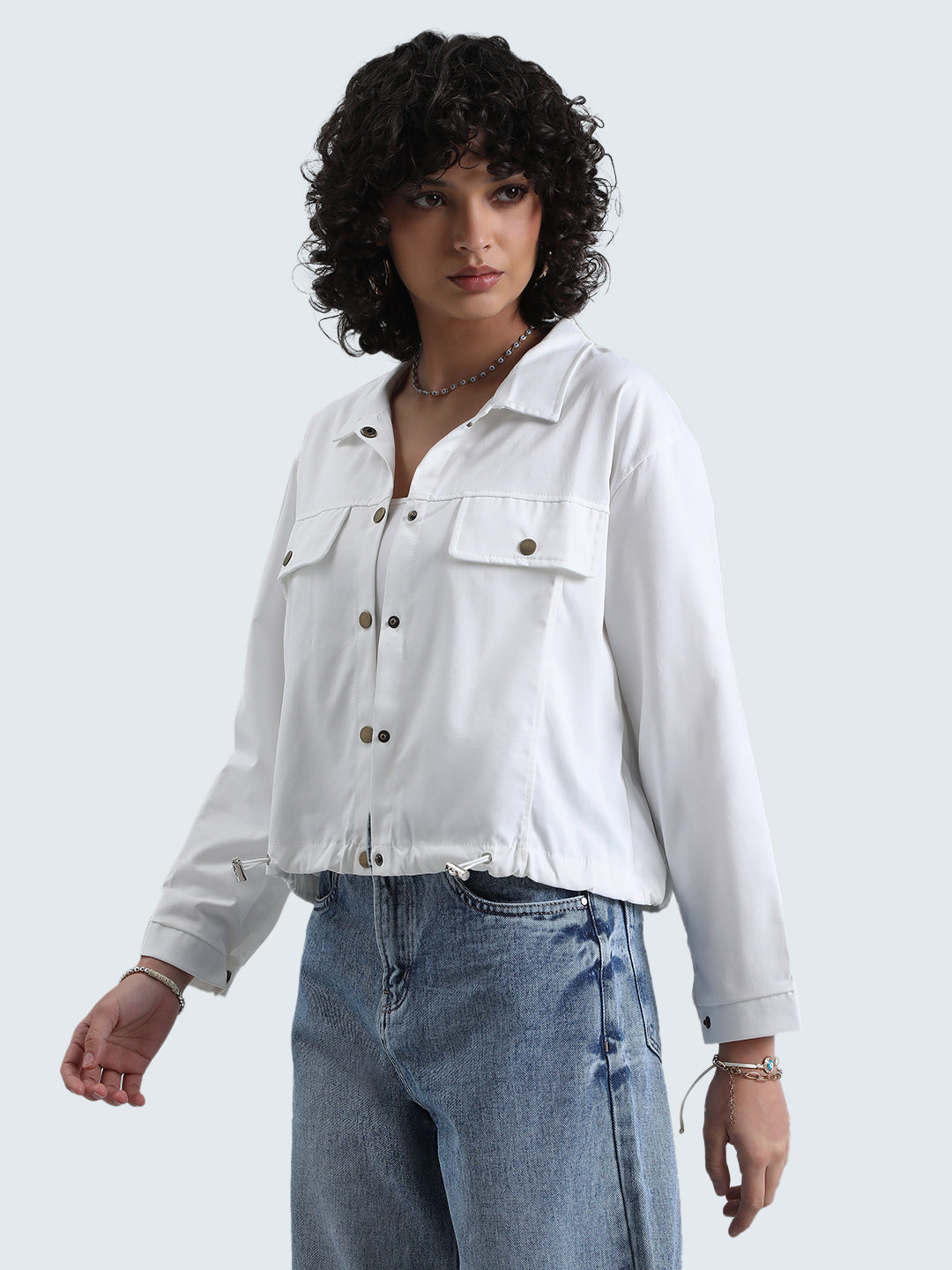 Women's White Button Down Utility Shirt with Flap Pockets