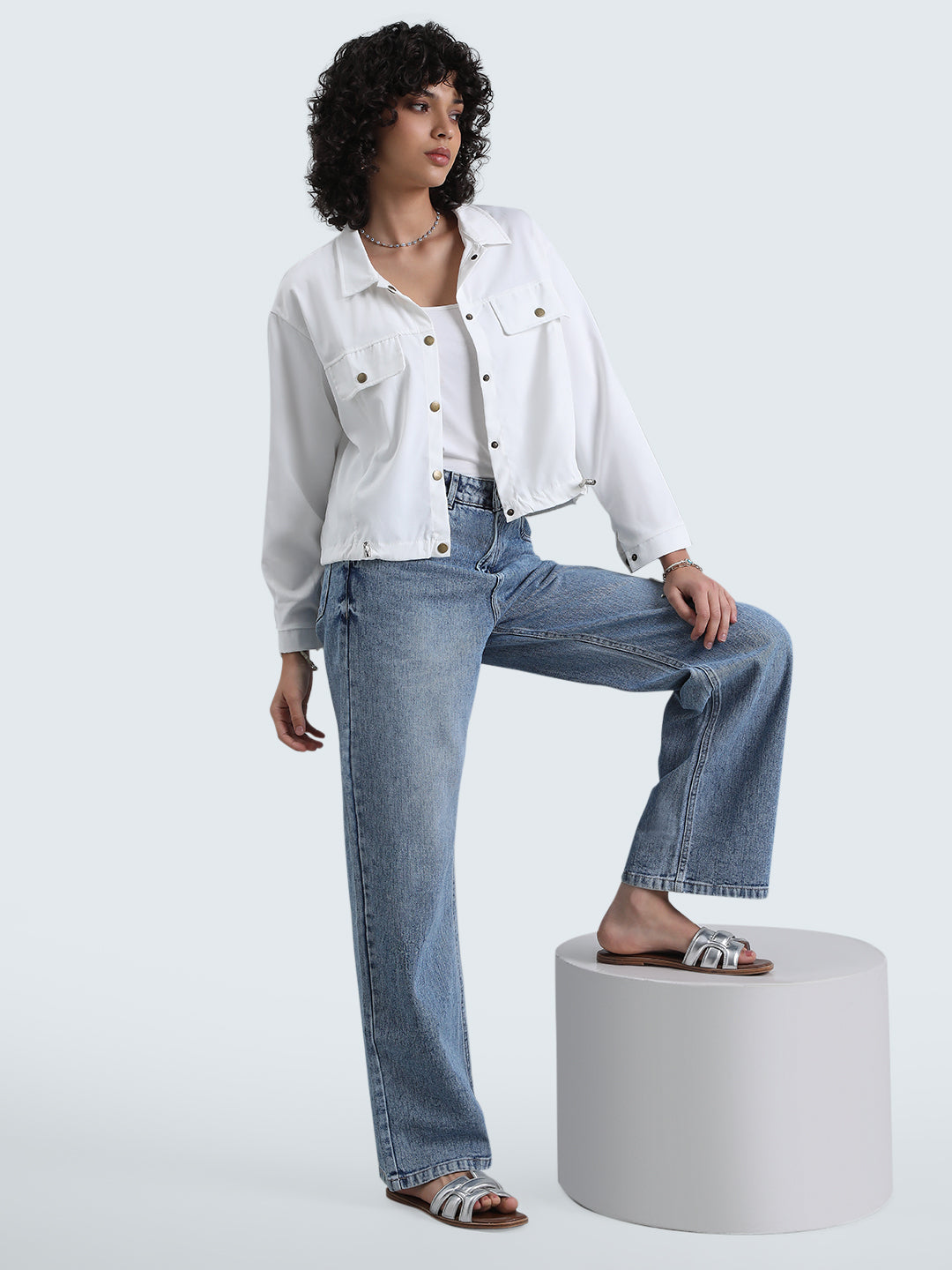 Women's White Button Down Utility Shirt with Flap Pockets