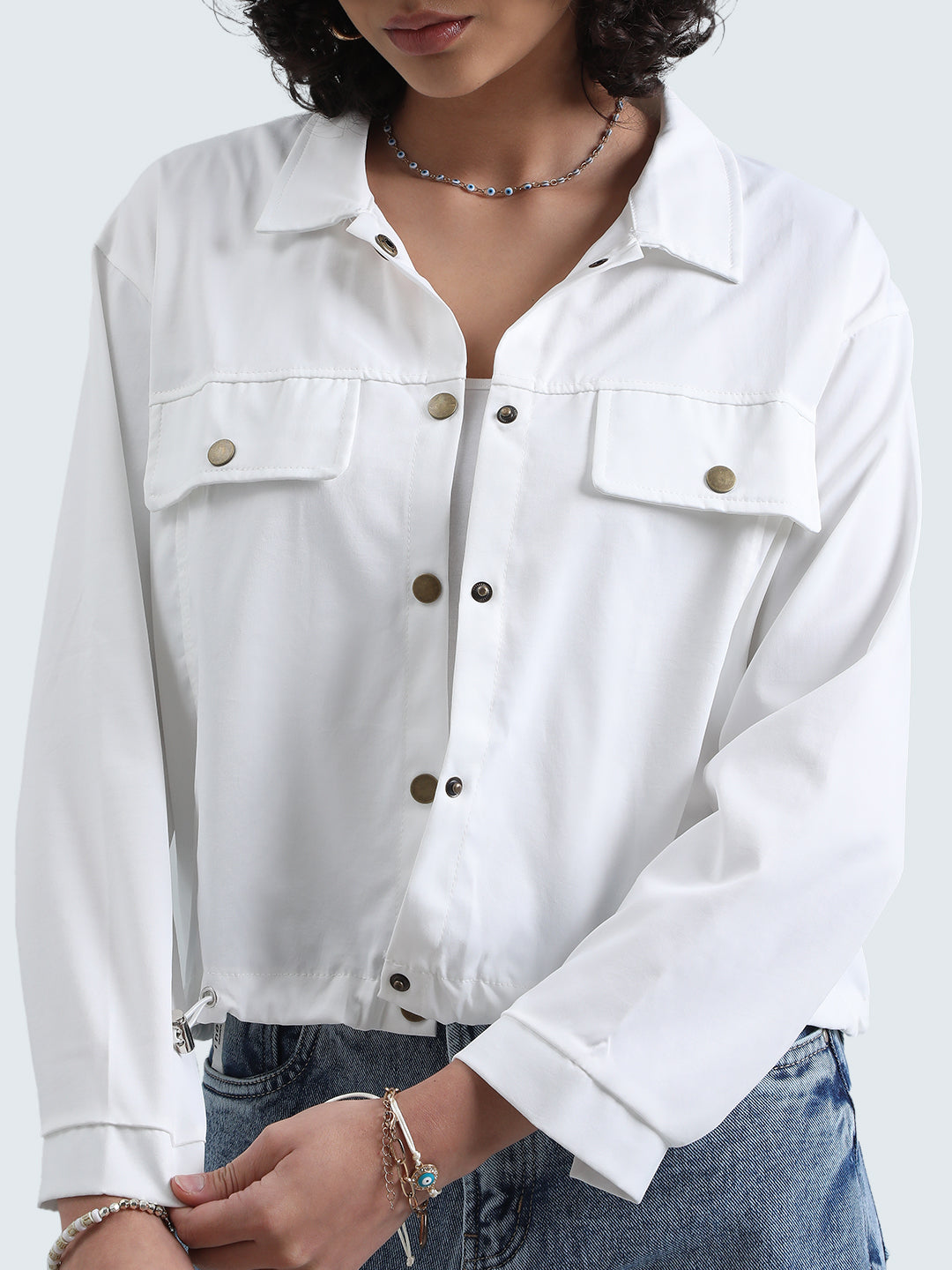 Women's White Button Down Utility Shirt with Flap Pockets
