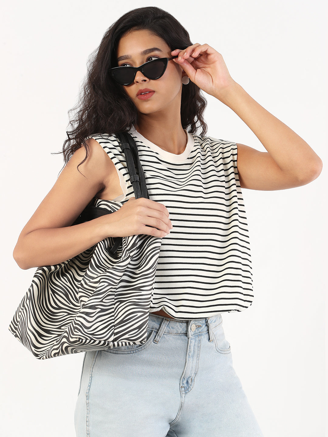 Women Striped Black & White Round Neck Cream Blouson Top