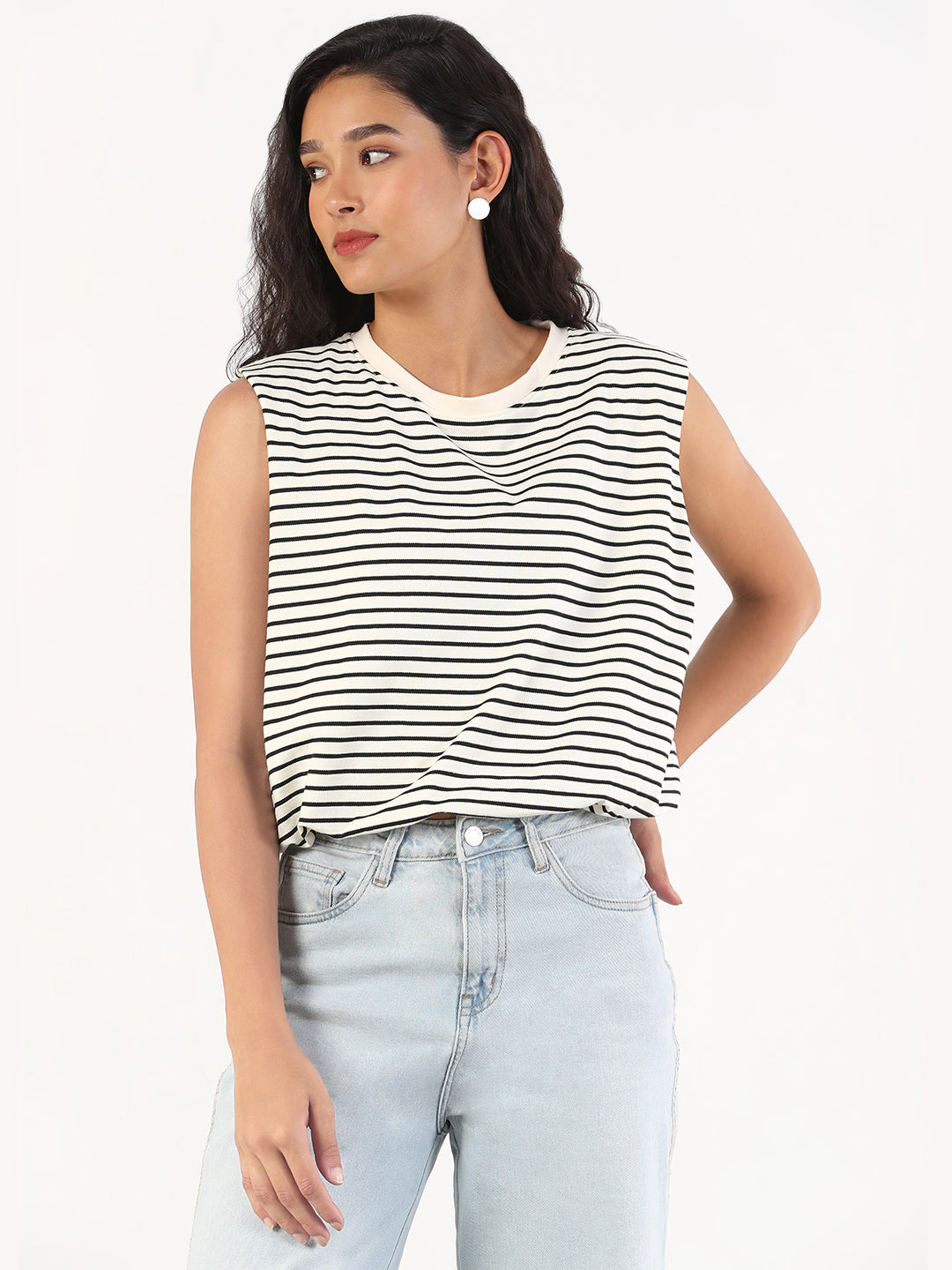 Women Striped Black & White Round Neck Cream Blouson Top