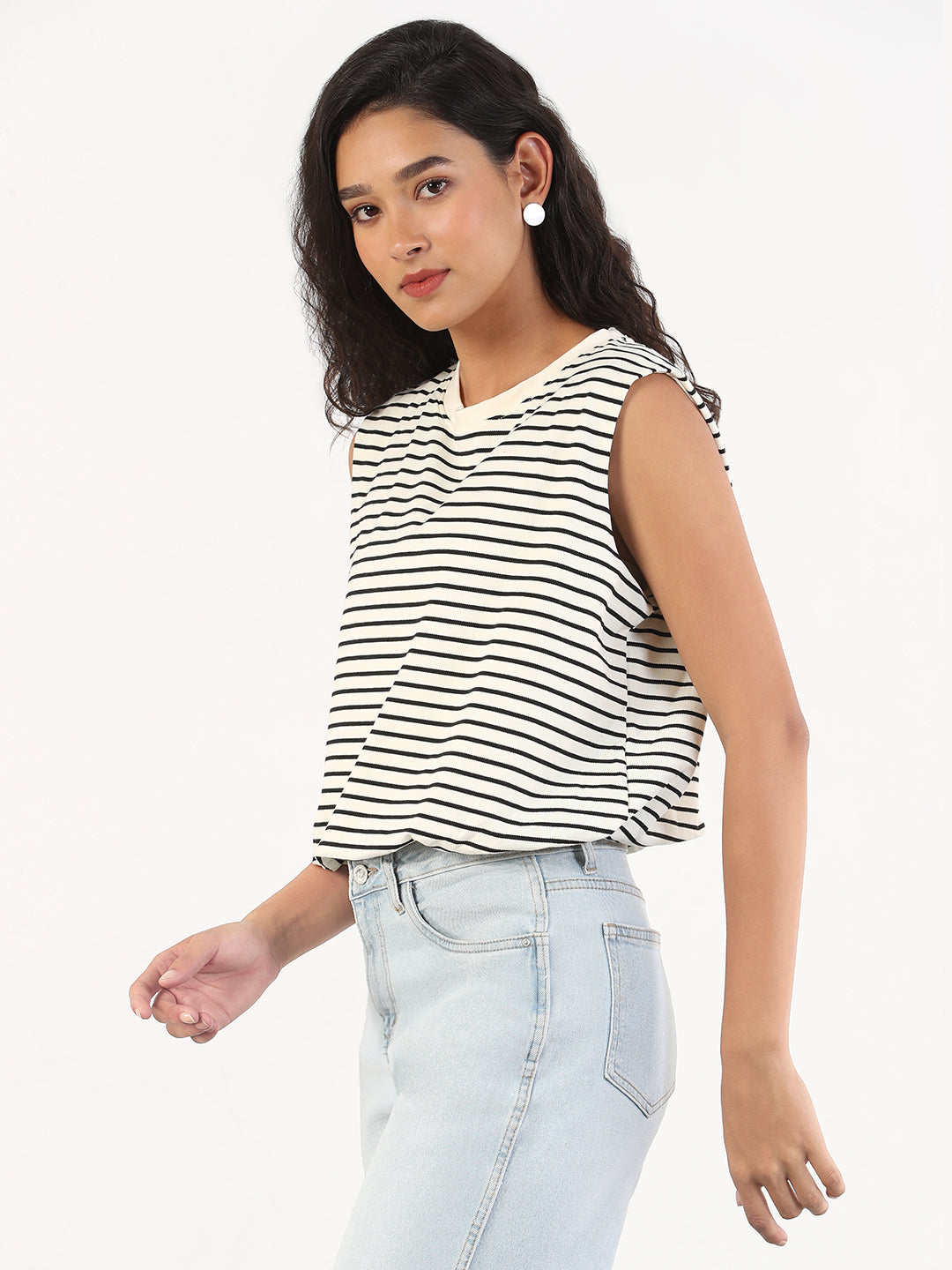 Women Striped Black & White Round Neck Cream Blouson Top