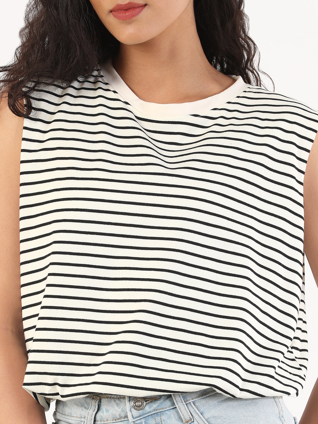 Women Striped Black & White Round Neck Cream Blouson Top