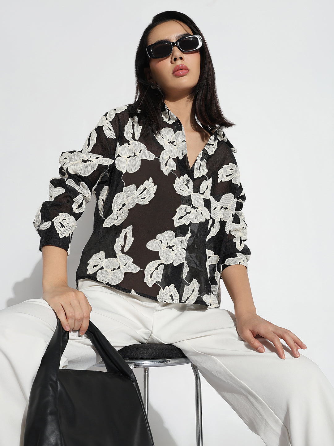 Women Relaxed Fit Black & White Floral Shirt