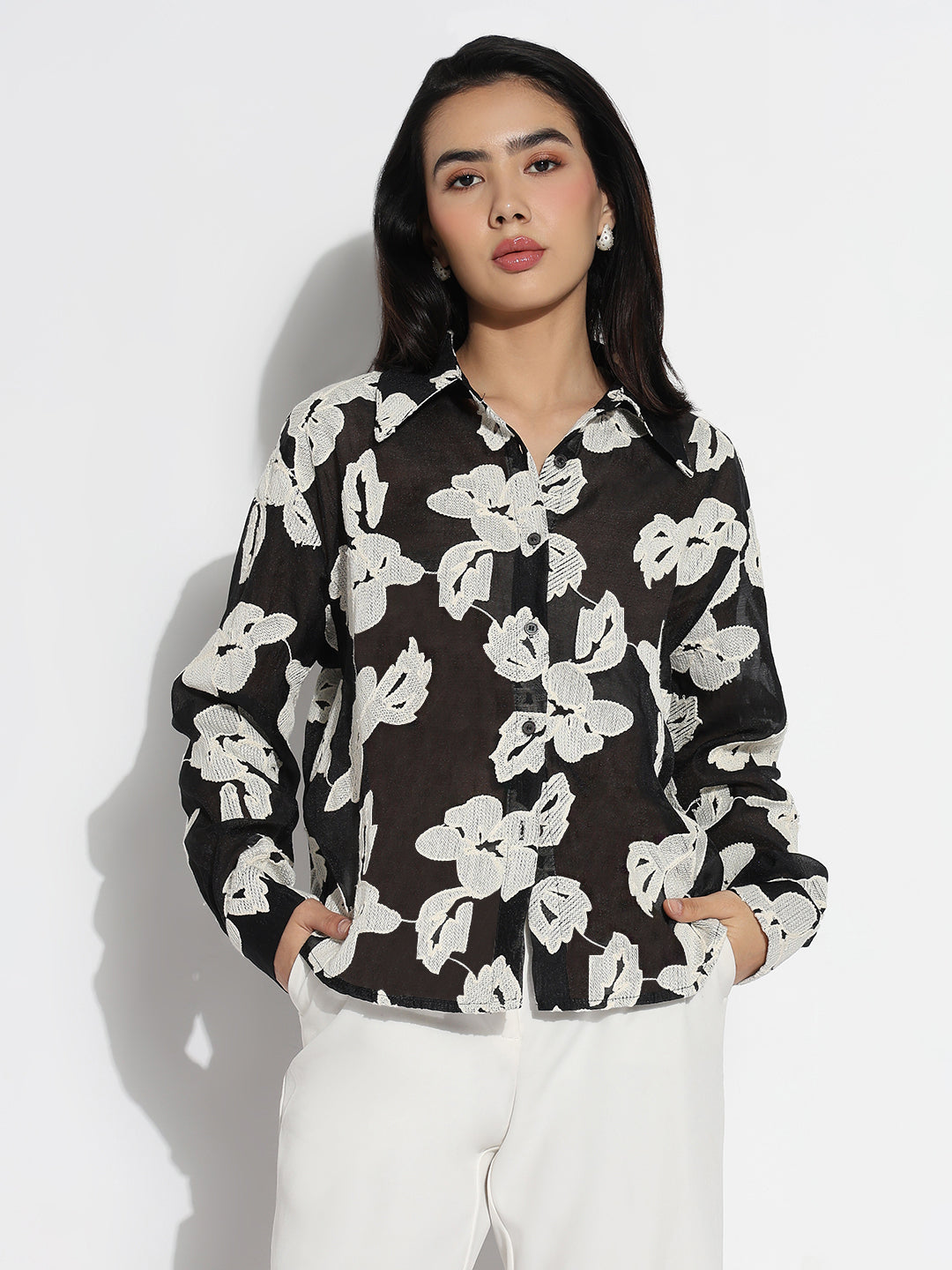 Women Relaxed Fit Black & White Floral Shirt