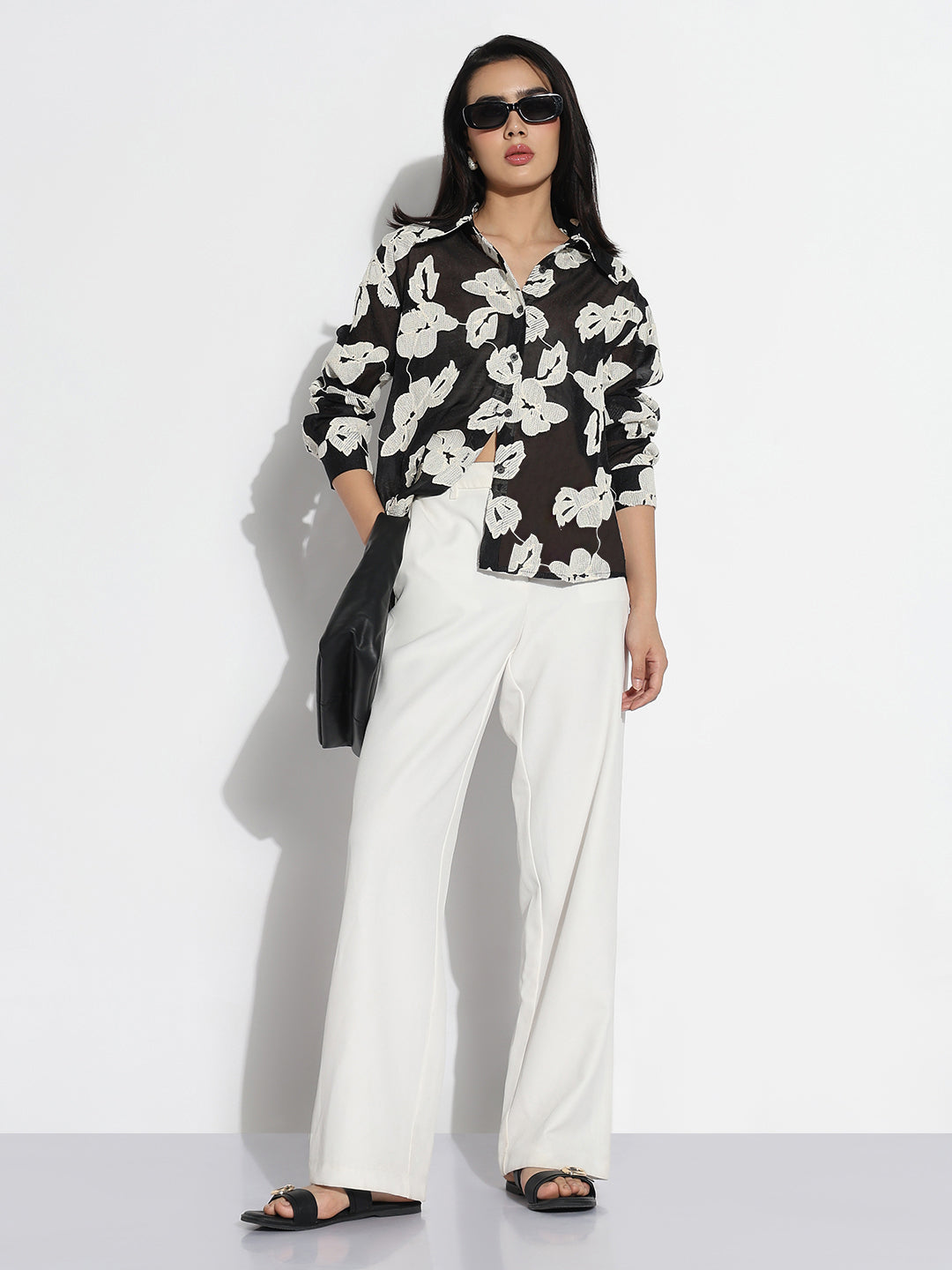 Women Relaxed Fit Black & White Floral Shirt