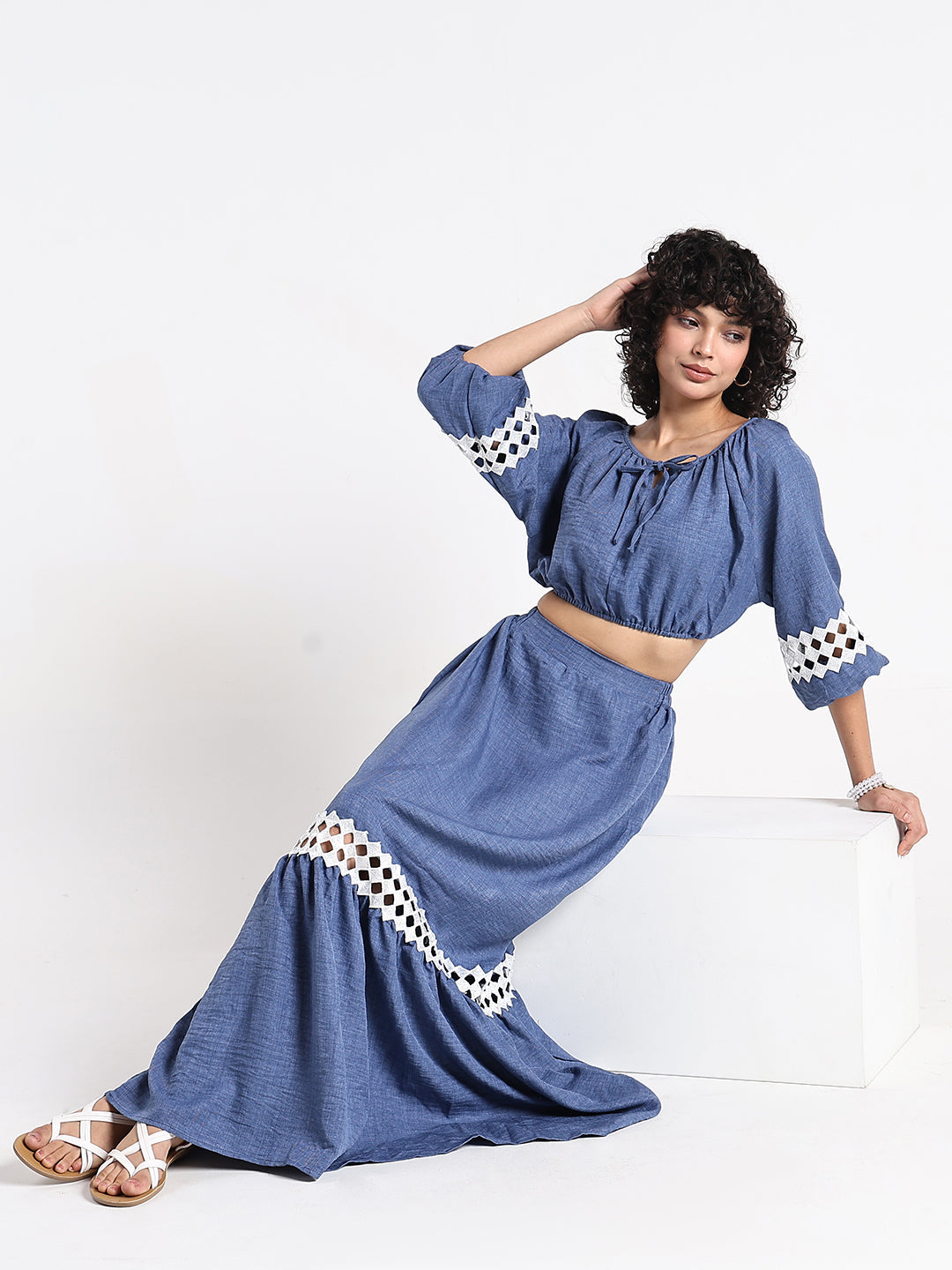 Women's Blue Crop Top and Maxi Skirt Co-Ord Set with Crochet Detail