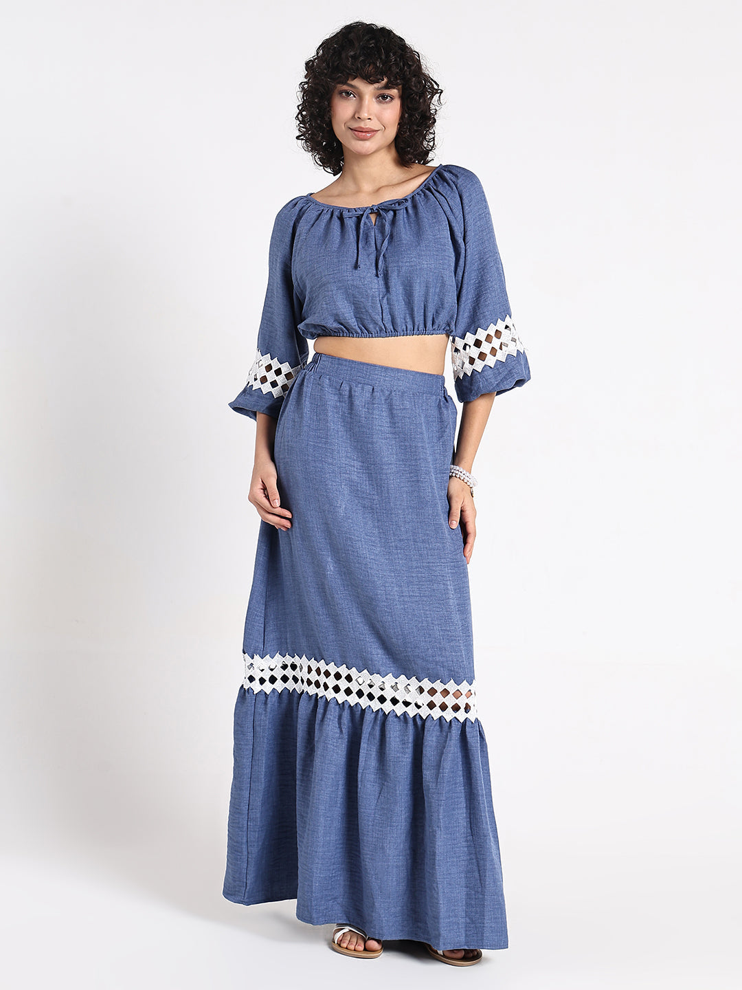 Women's Blue Crop Top and Maxi Skirt Co-Ord Set with Crochet Detail