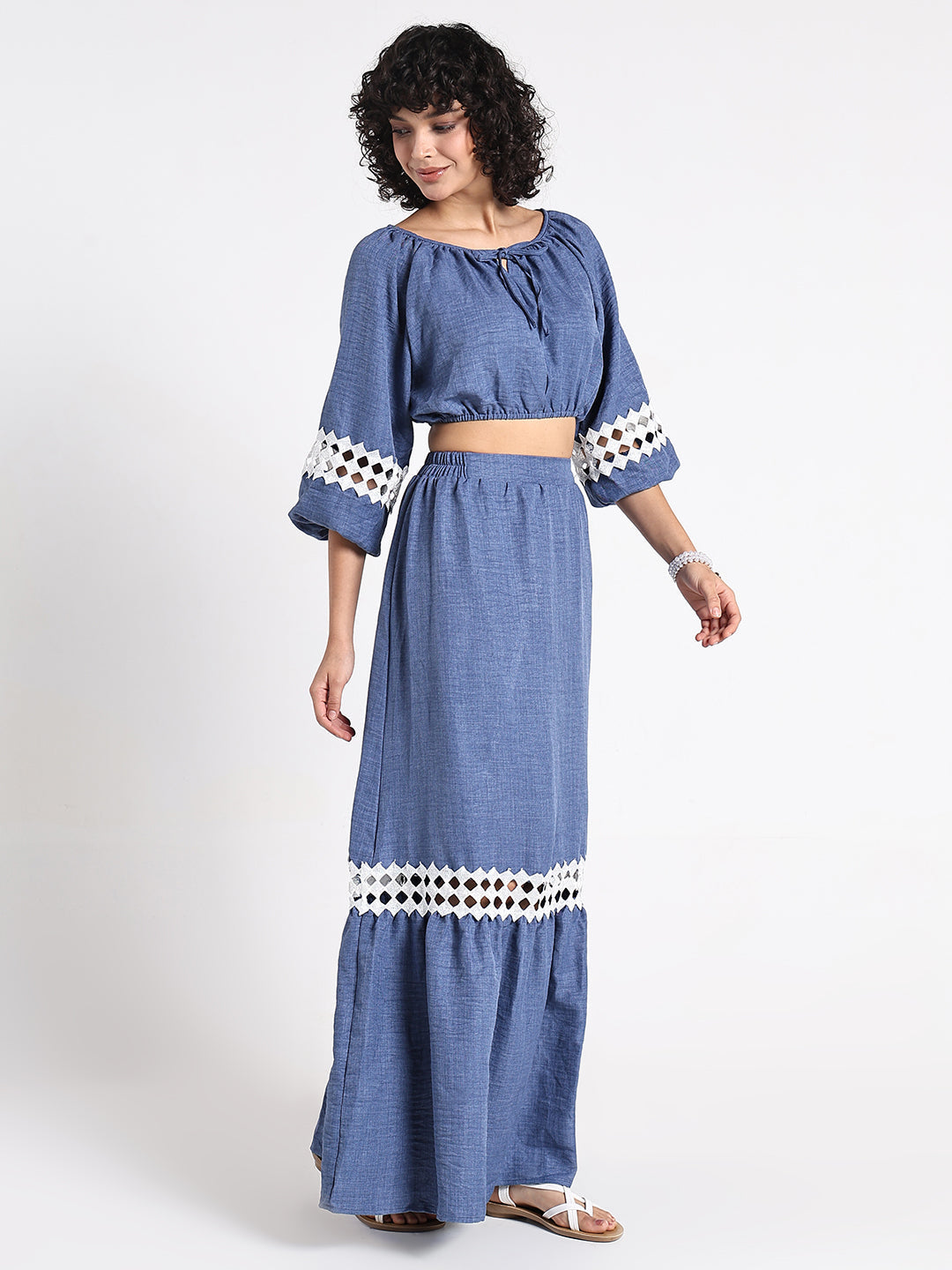 Women's Blue Crop Top and Maxi Skirt Co-Ord Set with Crochet Detail