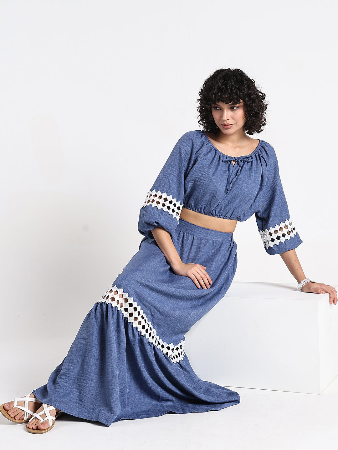 Women's Blue Crop Top and Maxi Skirt Co-Ord Set with Crochet Detail