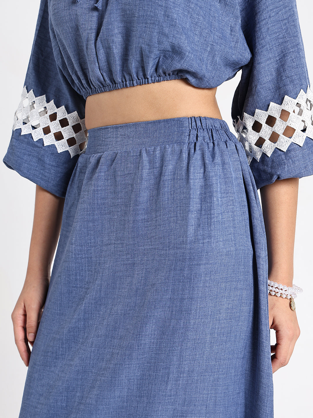 Women's Blue Crop Top and Maxi Skirt Co-Ord Set with Crochet Detail