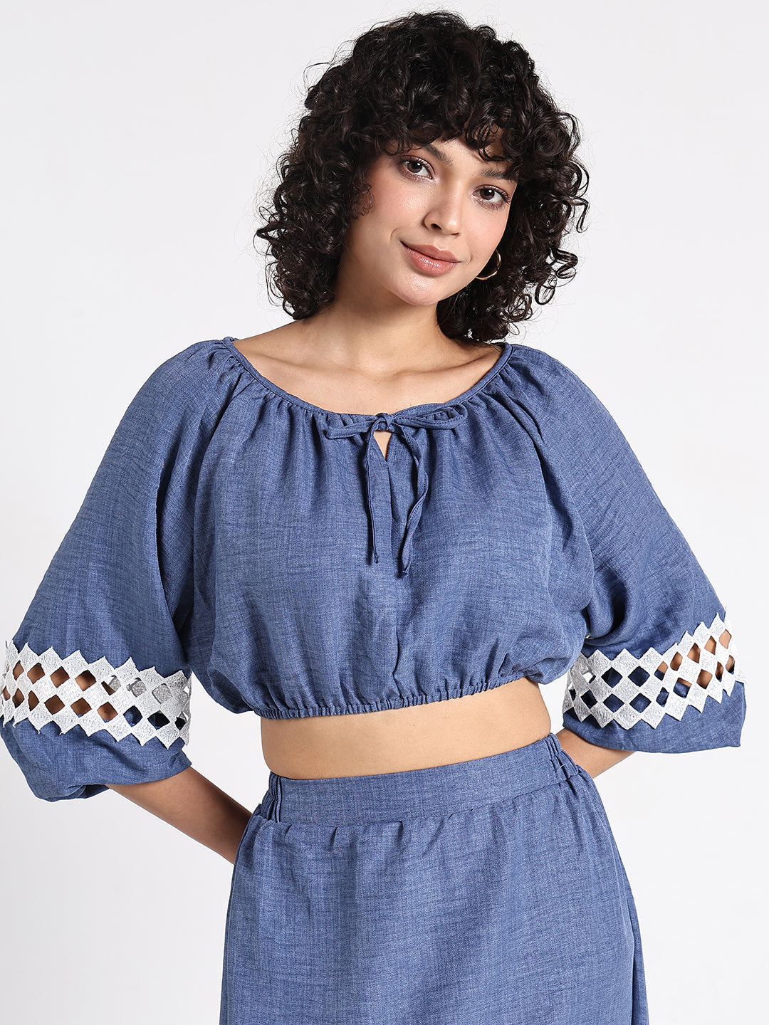 Women's Blue Crop Top and Maxi Skirt Co-Ord Set with Crochet Detail