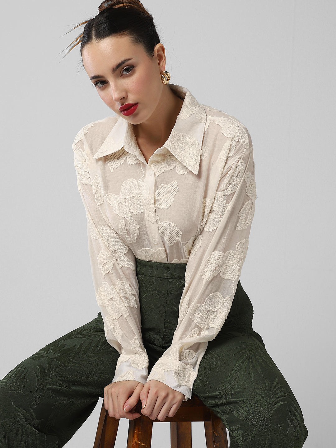 Women Floral Cream Shirt