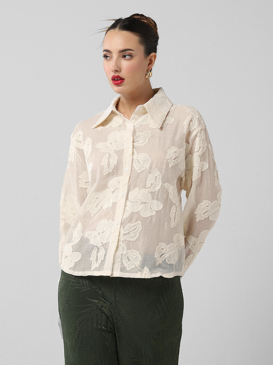 Women Floral Cream Shirt