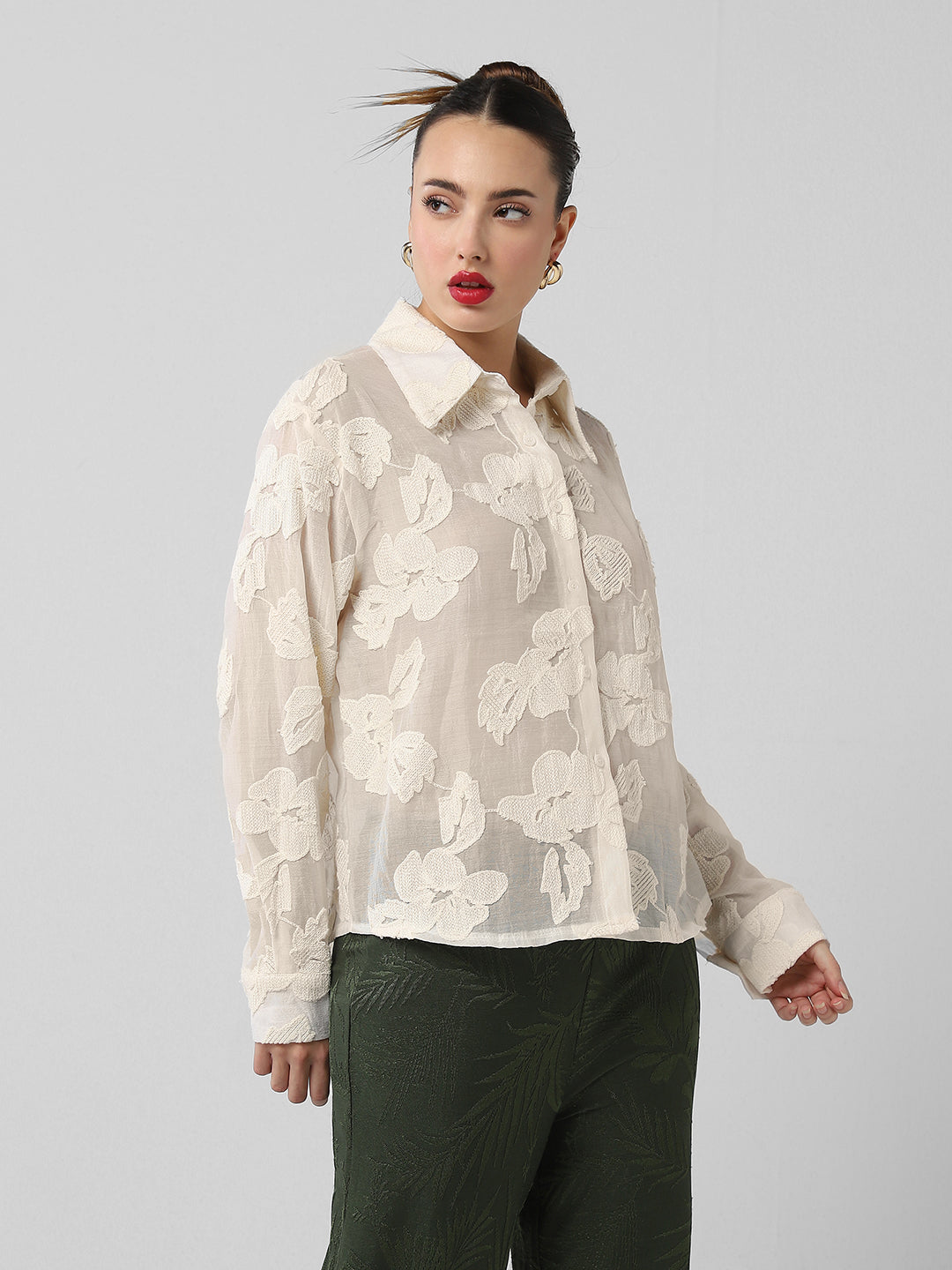 Women Floral Cream Shirt