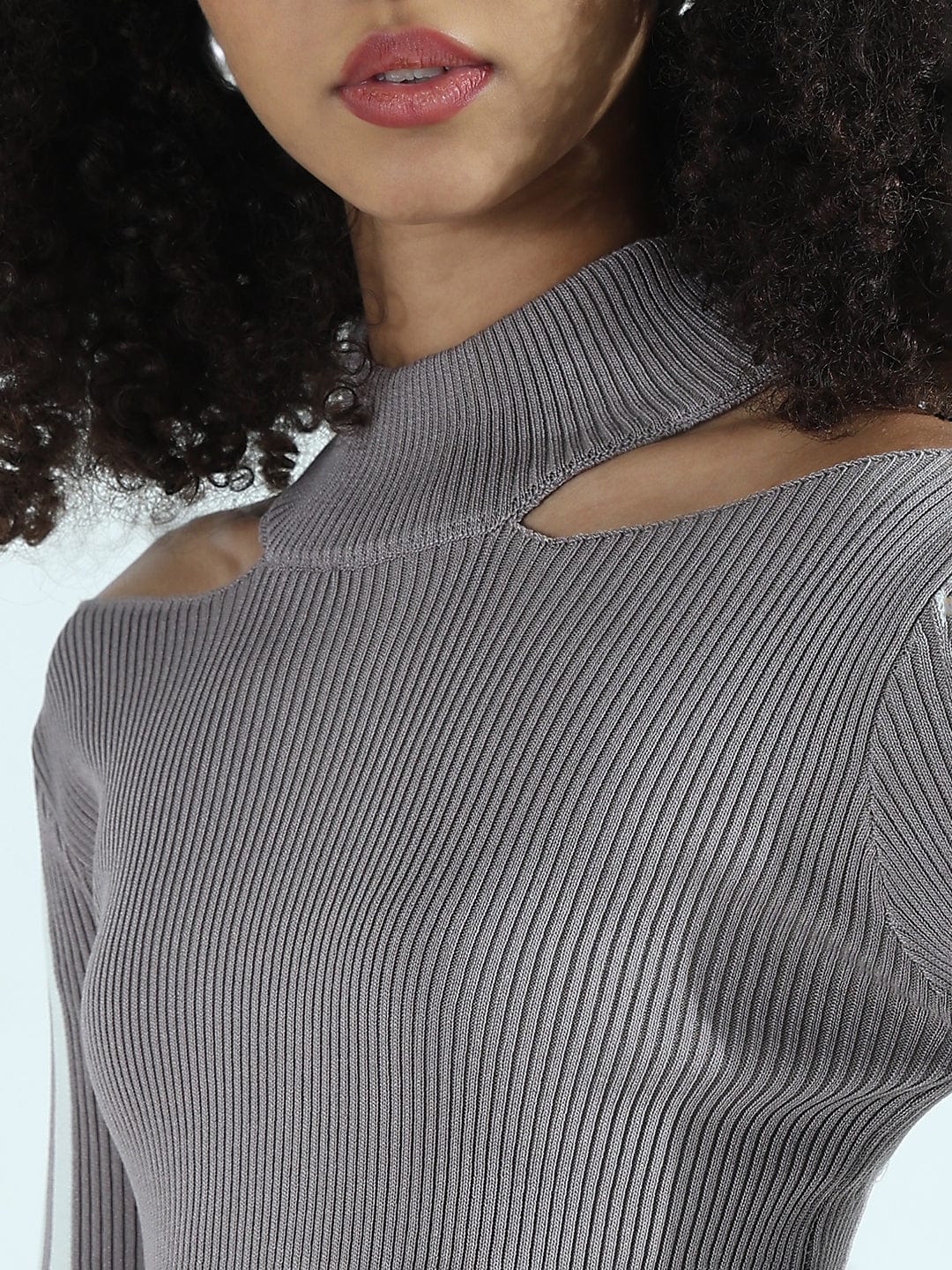 Women's Ribbed Grey Cut-Out Bodycon Short Dress with Side Stripes