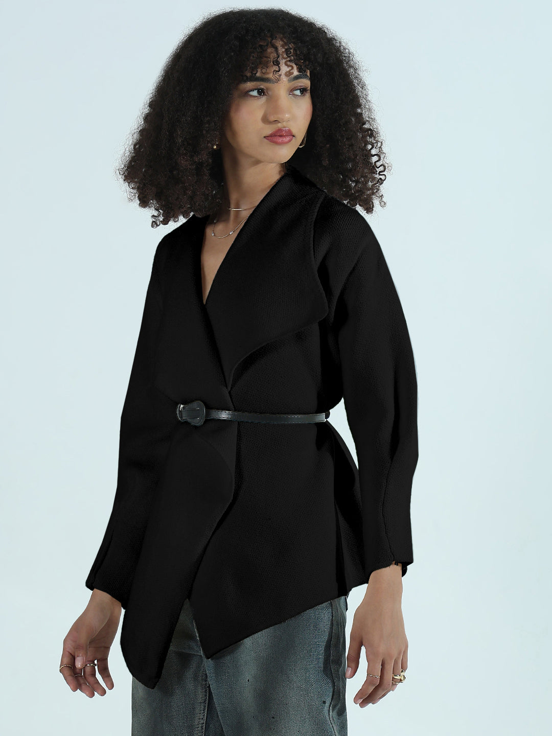 Women's Black Textured Knit Wrap Cardigan Top with Belt