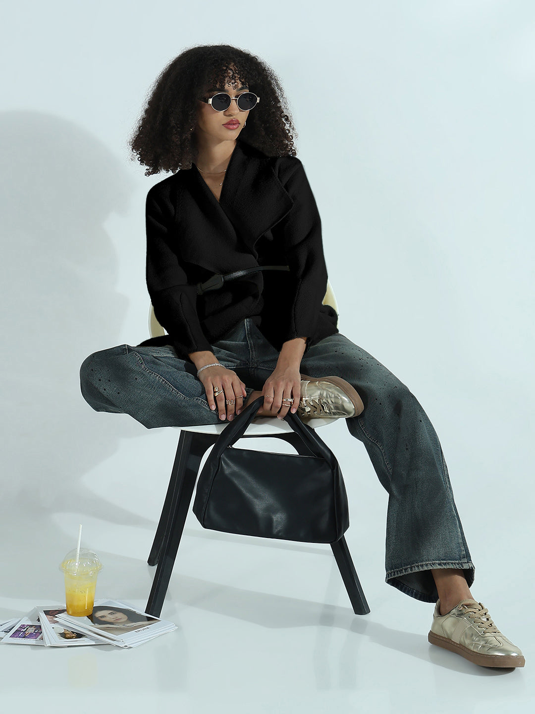 Women's Black Textured Knit Wrap Cardigan Top with Belt