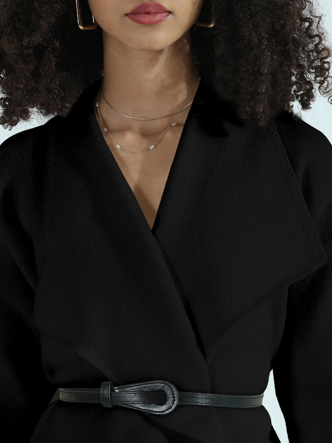 Women's Black Textured Knit Wrap Cardigan Top with Belt