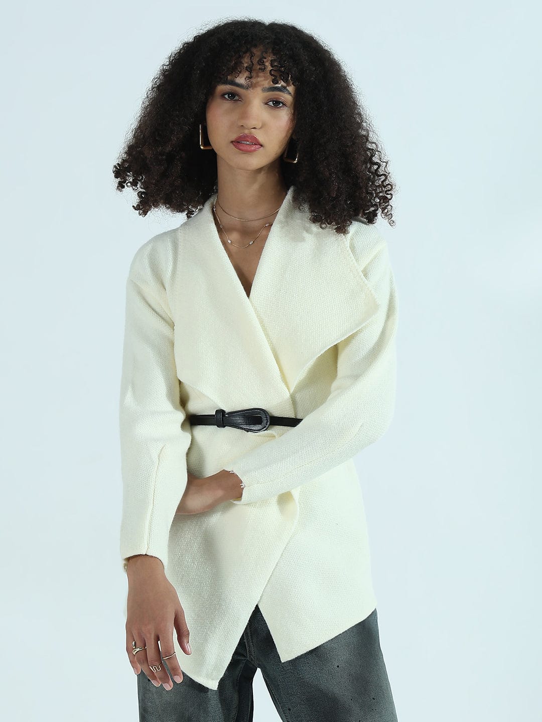 Women's Cream Textured Knit Wrap Cardigan Top with Belt