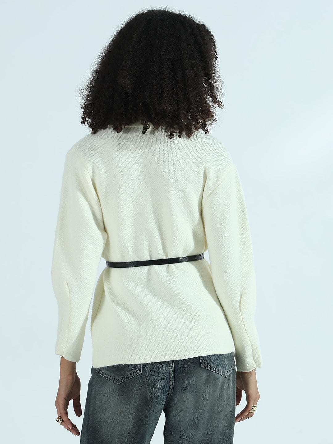 Women's Cream Textured Knit Wrap Cardigan Top with Belt