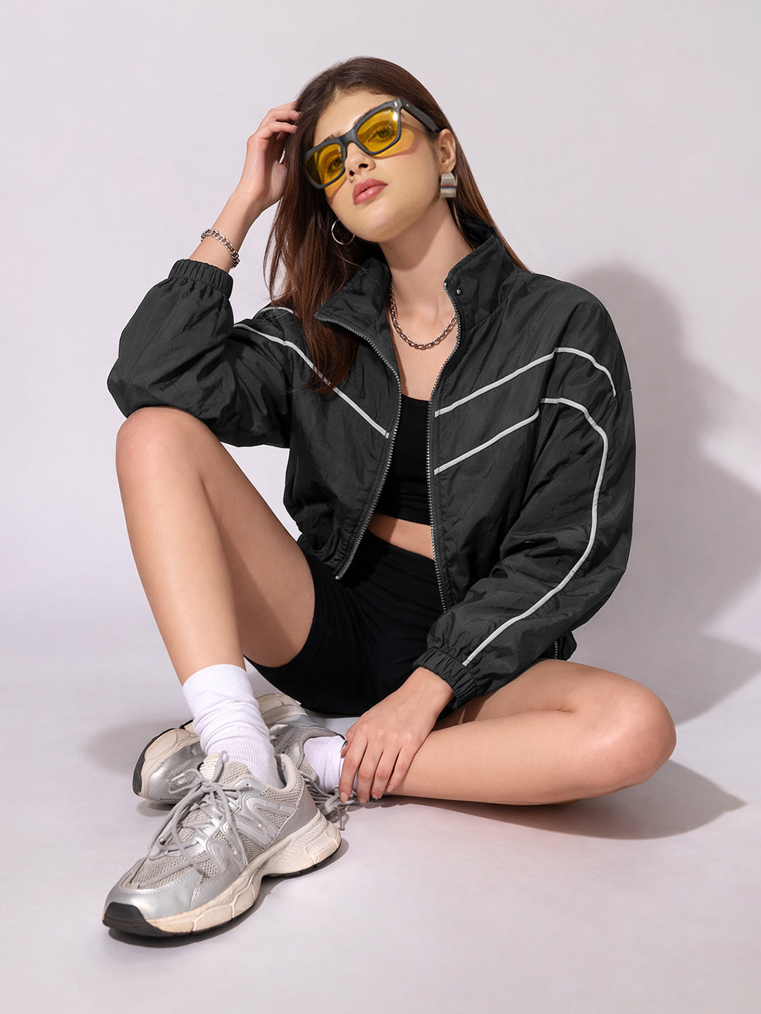 Women's Black Contrast Trim Zip-Up Jacket