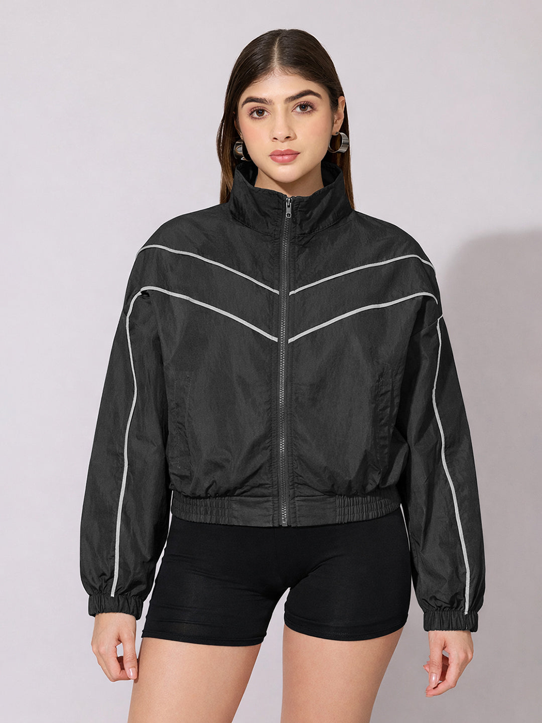 Women's Black Contrast Trim Zip-Up Jacket