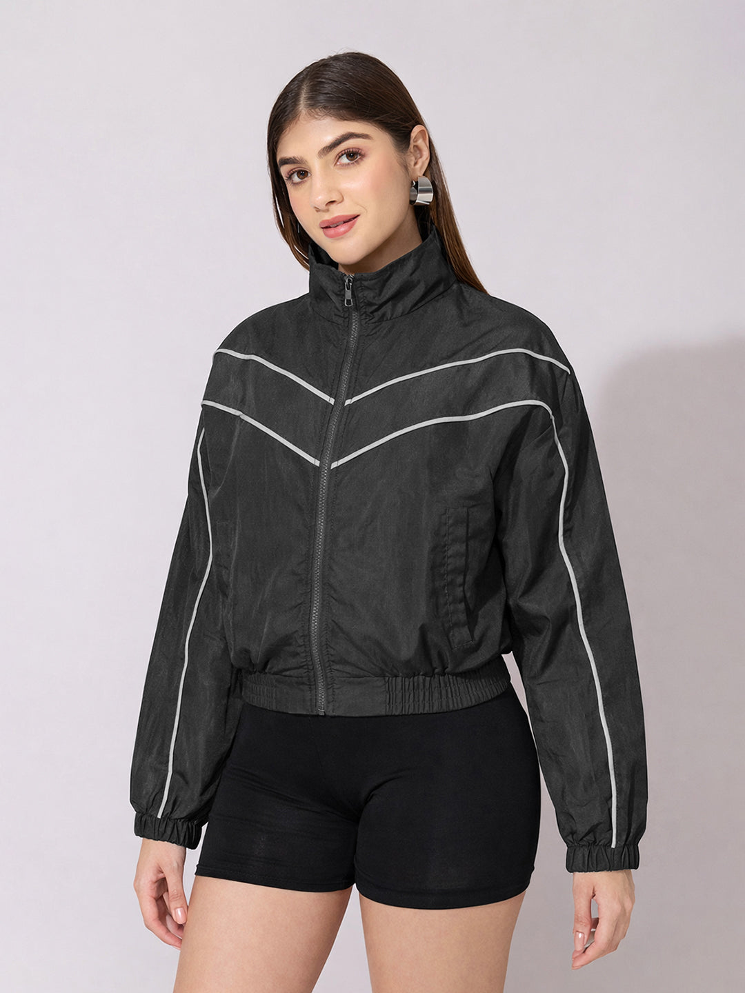 Women's Black Contrast Trim Zip-Up Jacket