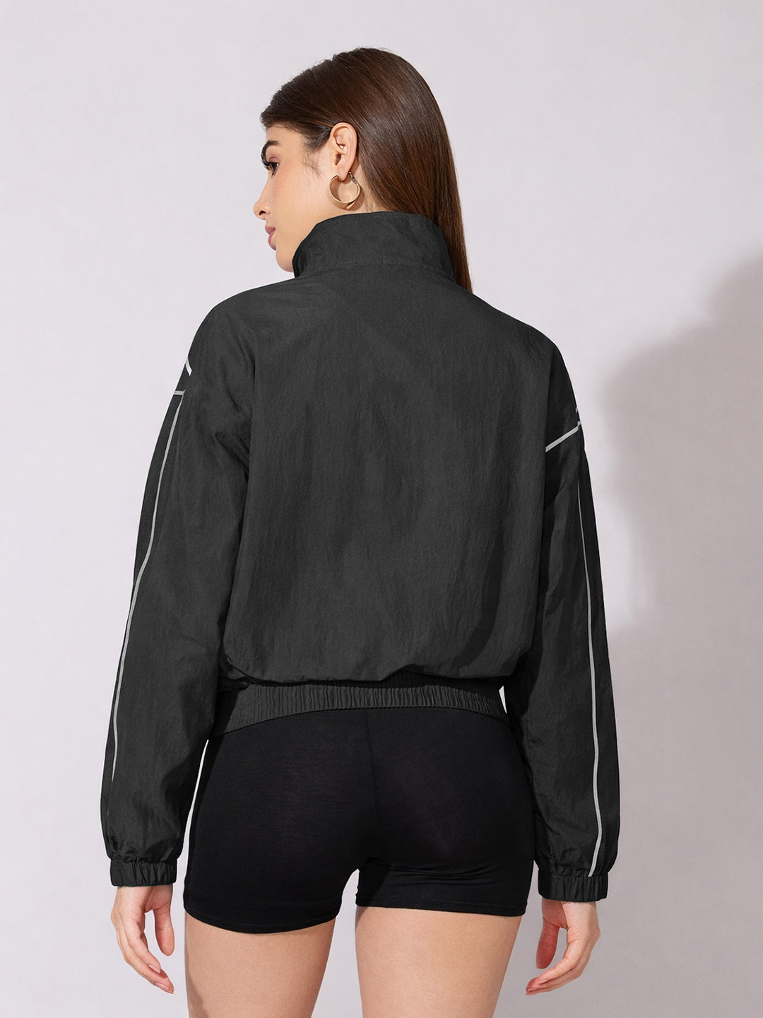 Women's Black Contrast Trim Zip-Up Jacket