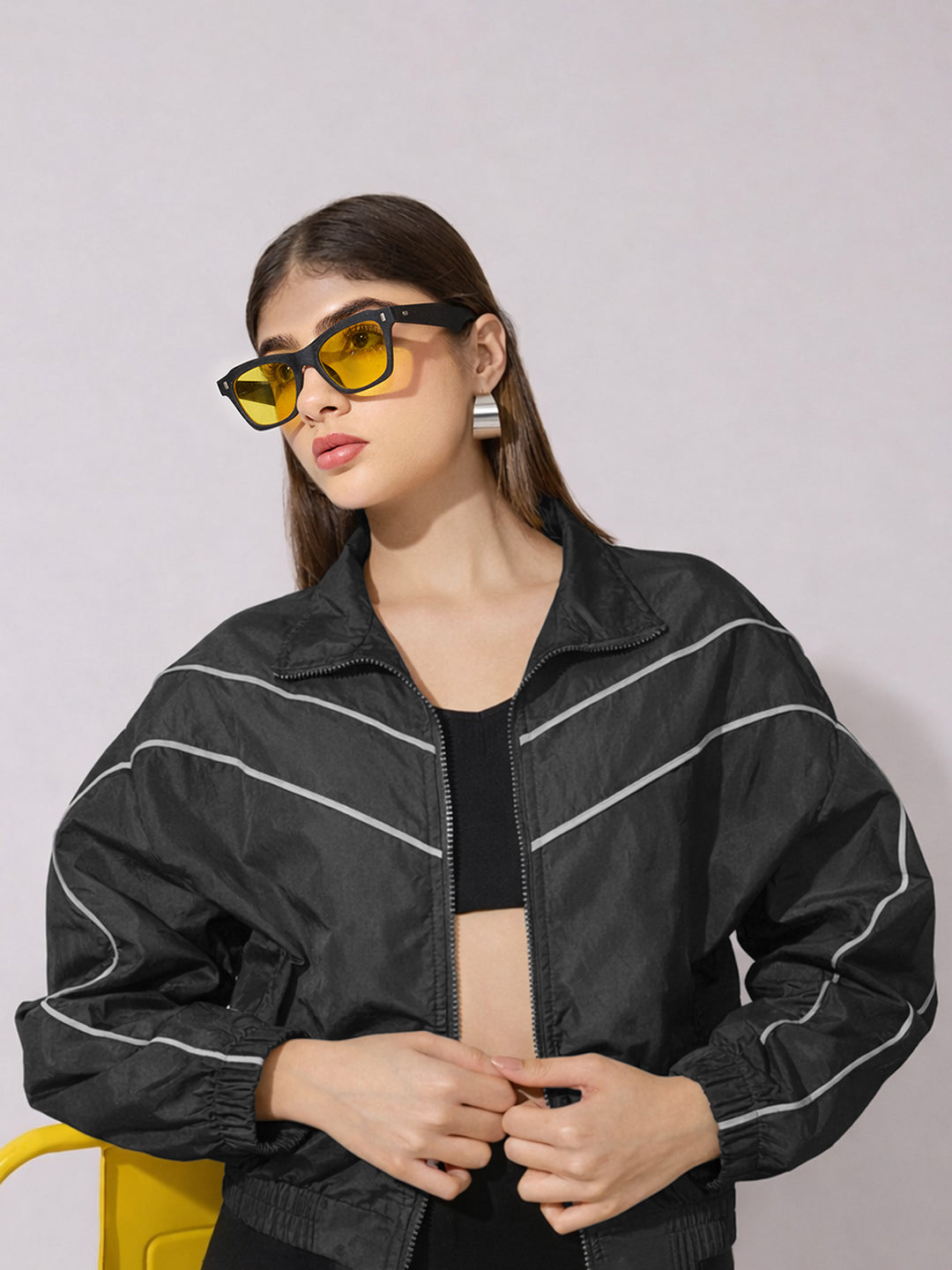 Women's Black Contrast Trim Zip-Up Jacket