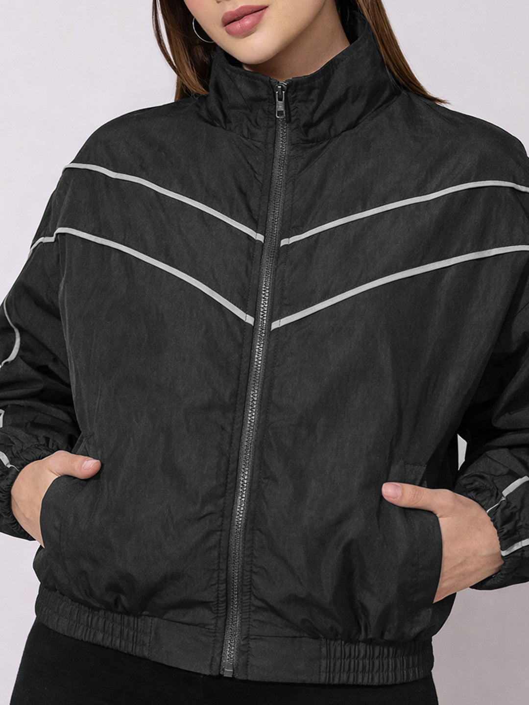 Women's Black Contrast Trim Zip-Up Jacket