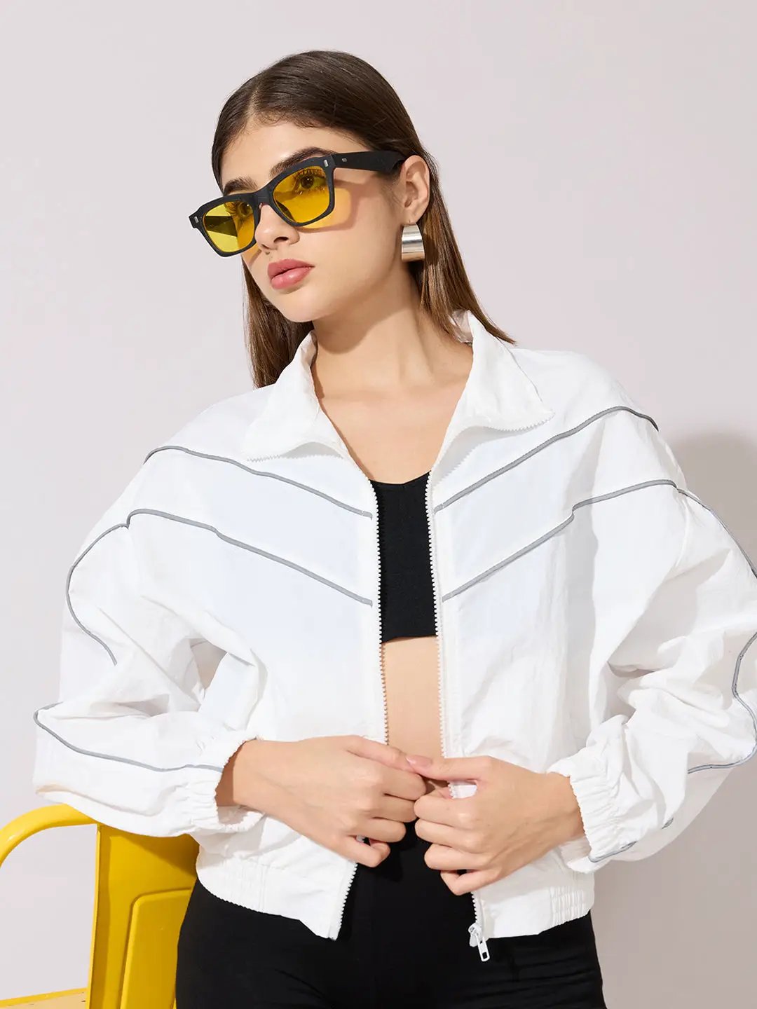 Shop Women's White Contrast Trim Zip-Up Jacket| Showoffff