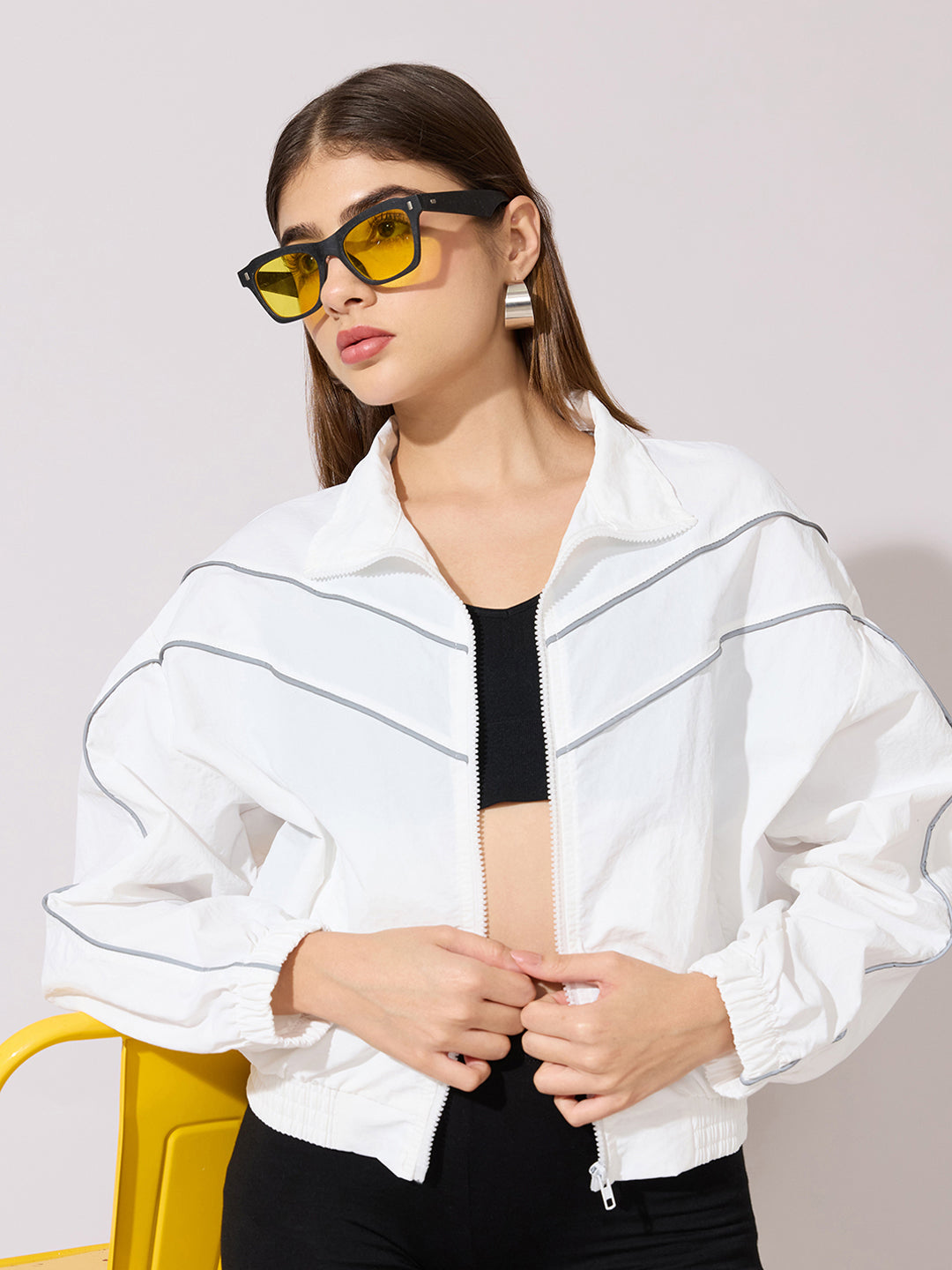 Women's White Contrast Trim Zip-Up Jacket