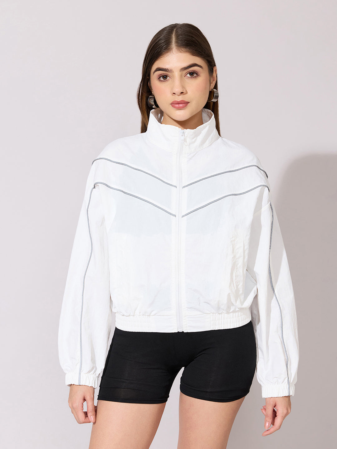 Women's White Contrast Trim Zip-Up Jacket
