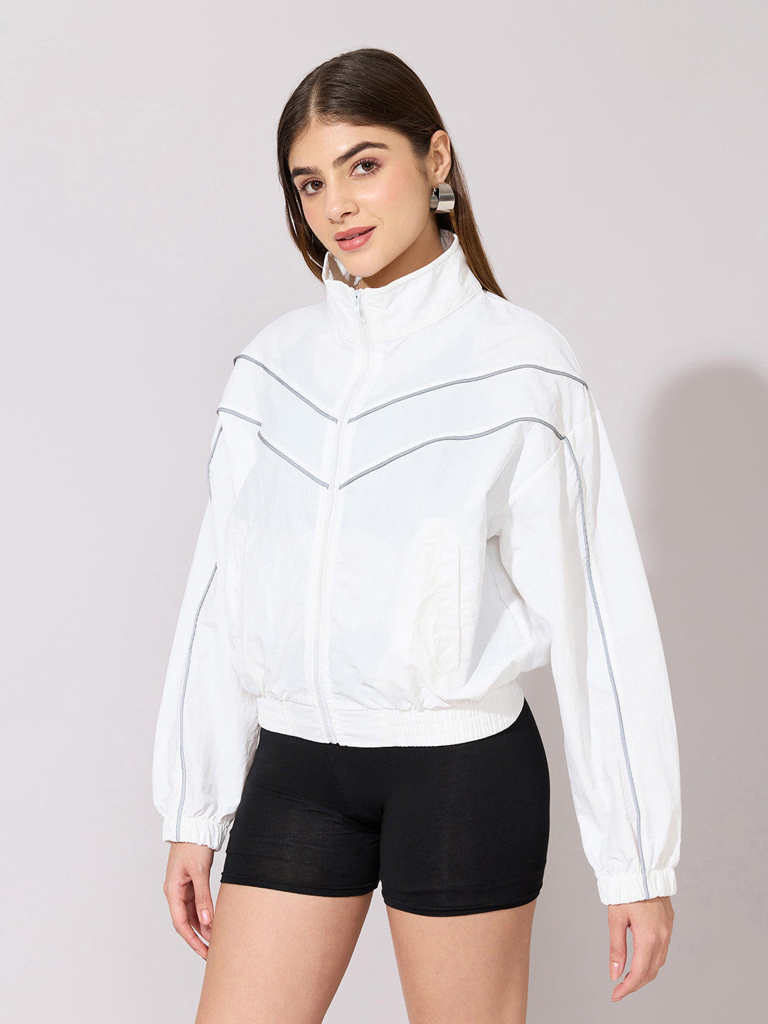 Women's White Contrast Trim Zip-Up Jacket