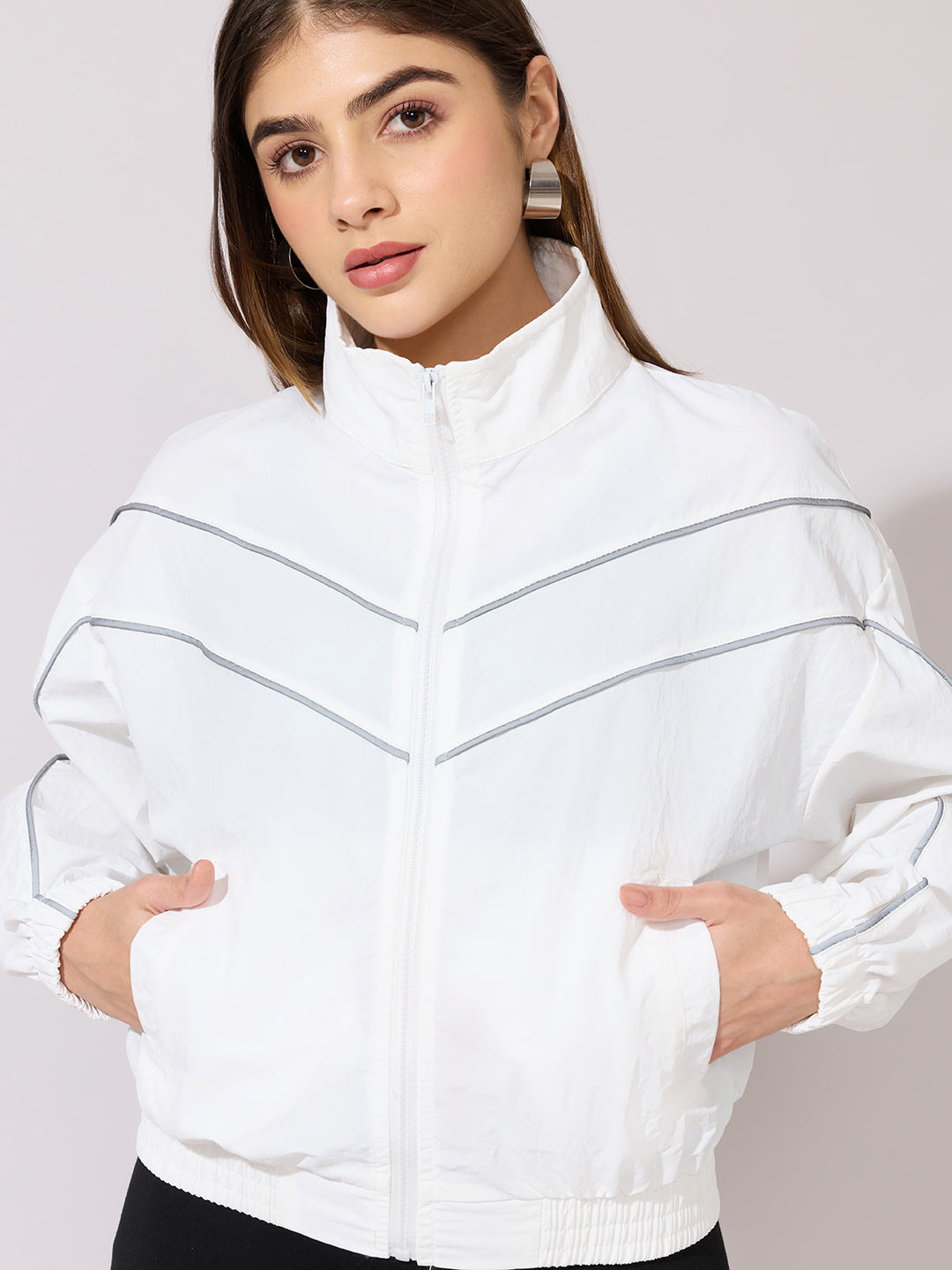 Women's White Contrast Trim Zip-Up Jacket