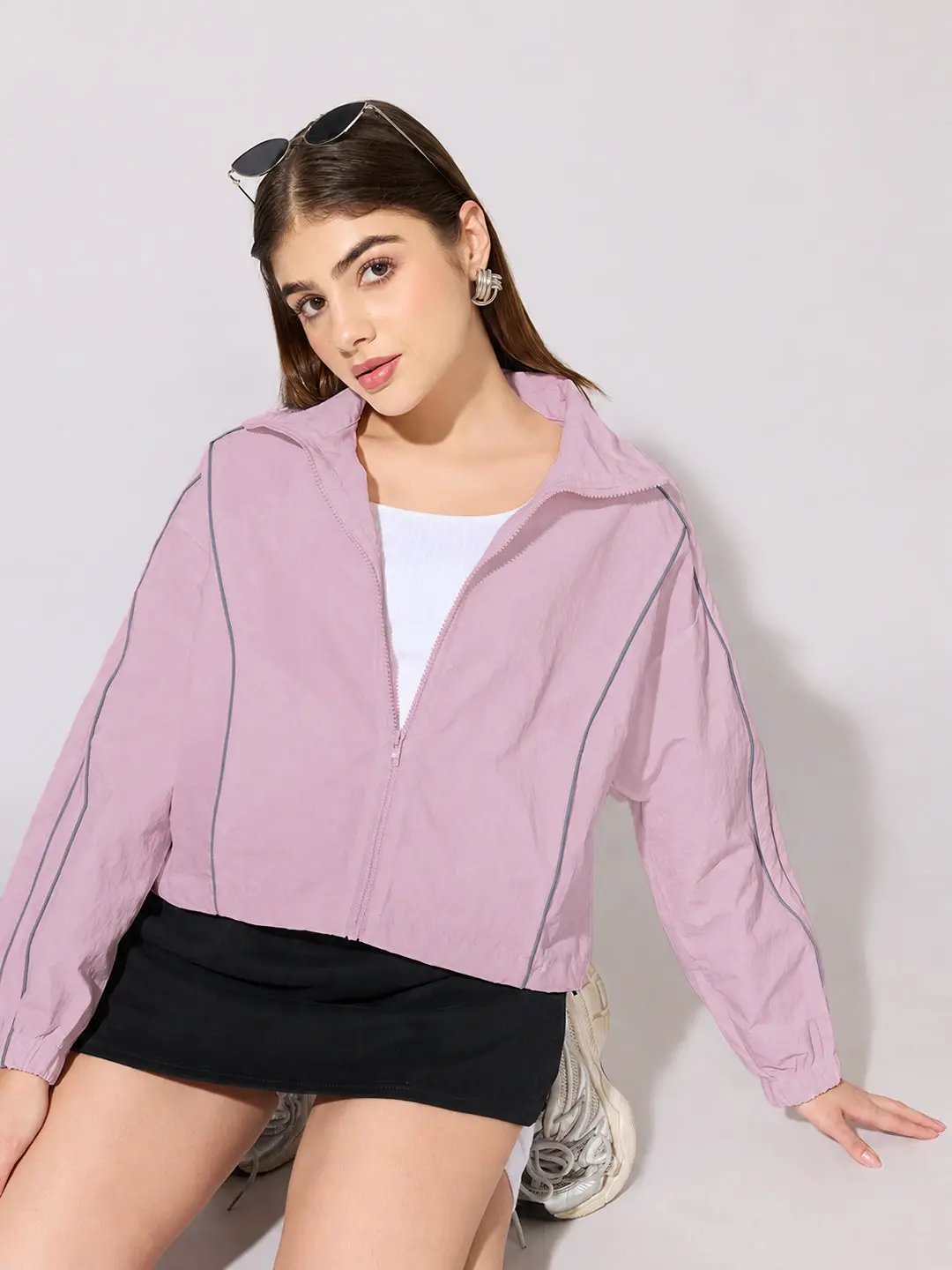 Women's Pink Mock Collar Jacket with Contrast Piping