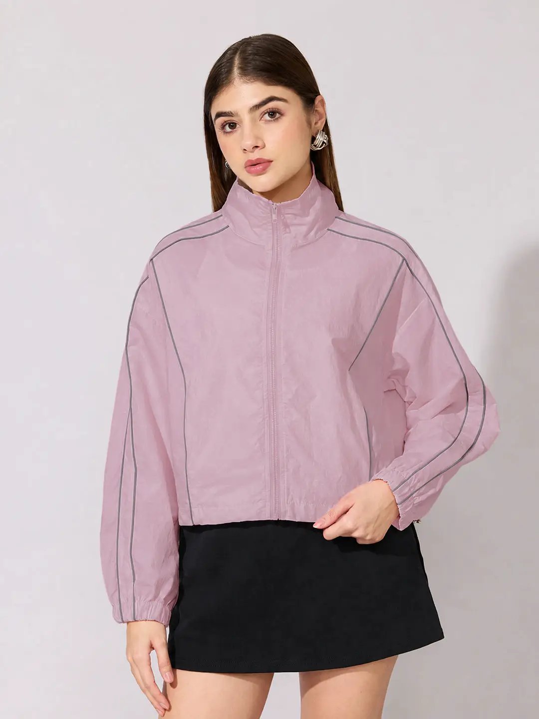 Women's Pink Mock Collar Jacket with Contrast Piping