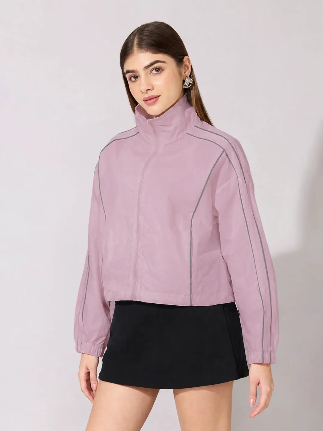 Women's Pink Mock Collar Jacket with Contrast Piping
