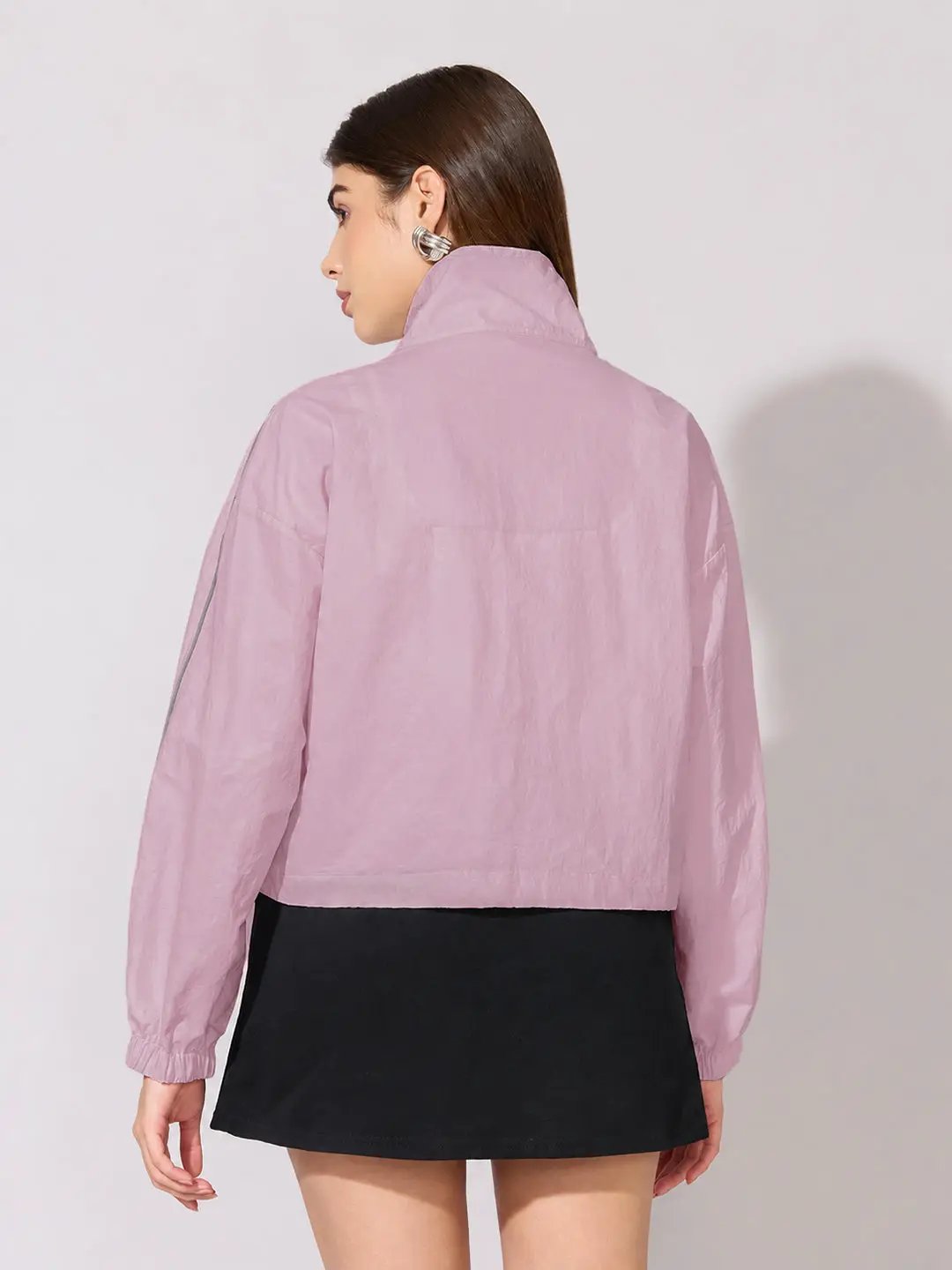 Women's Pink Mock Collar Jacket with Contrast Piping