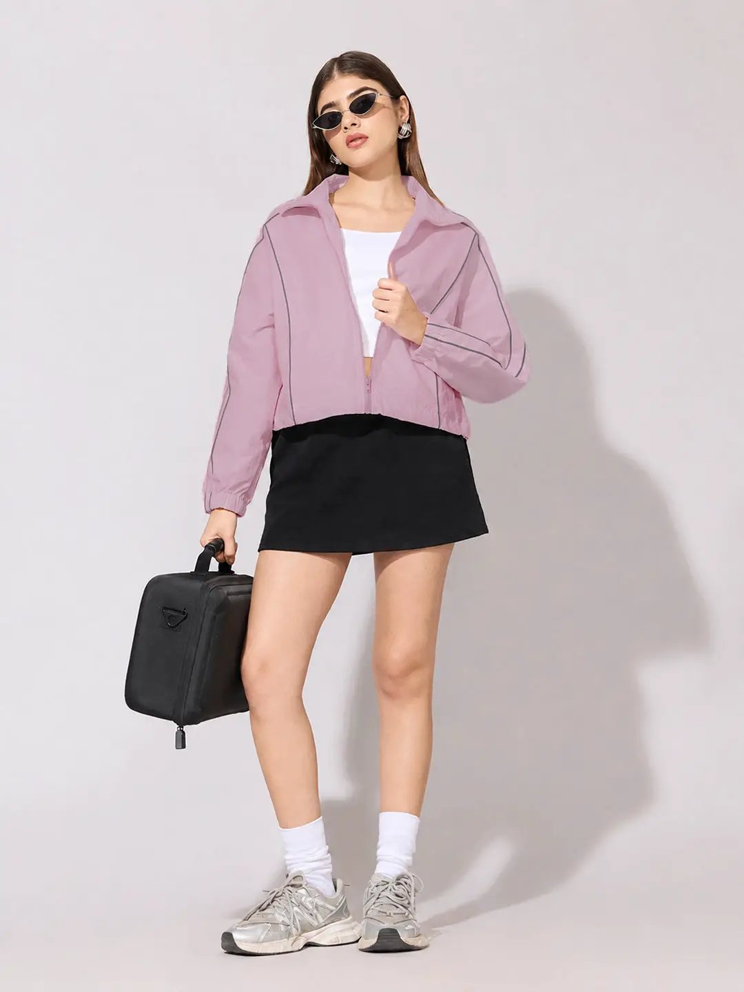 Women's Pink Mock Collar Jacket with Contrast Piping