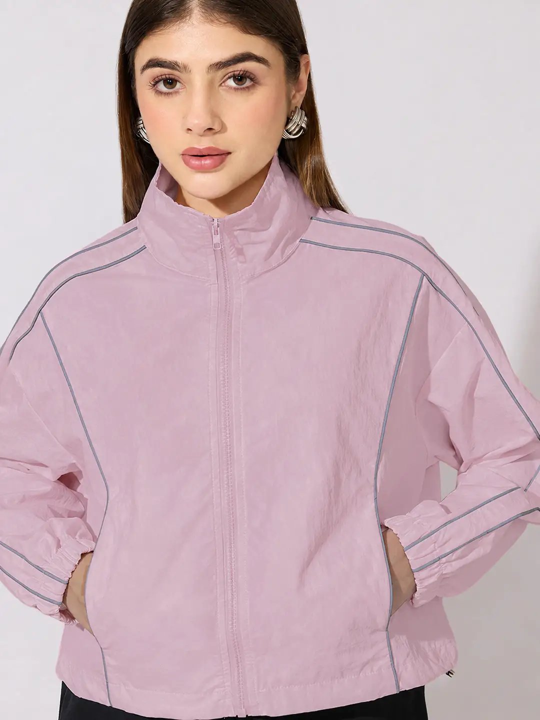 Women's Pink Mock Collar Jacket with Contrast Piping