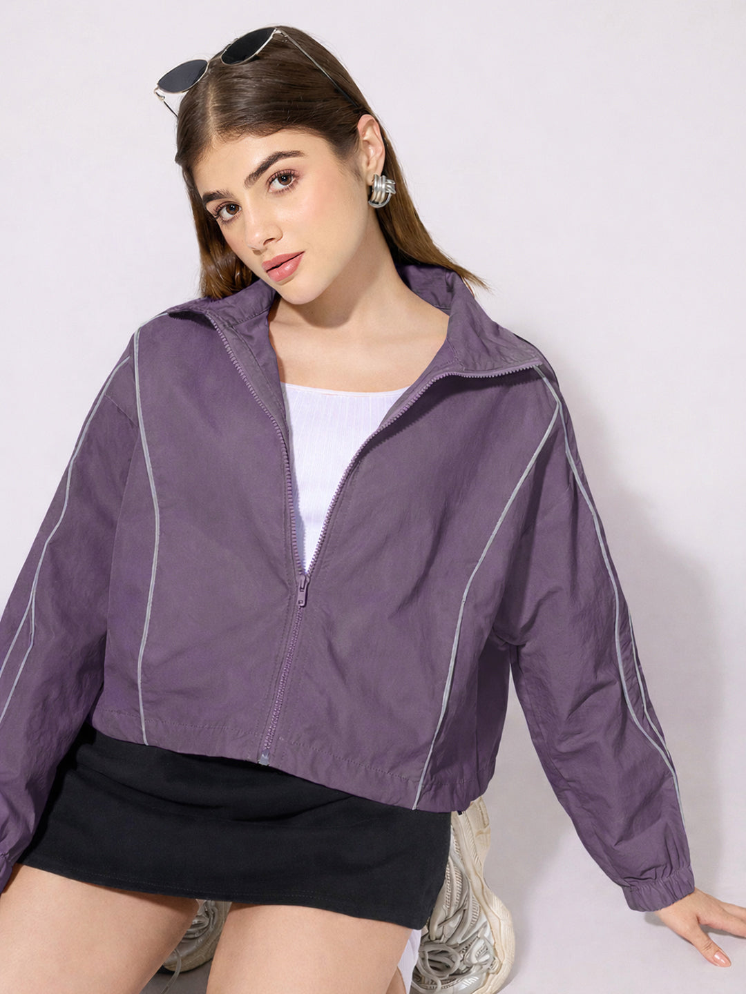 Women's Purple Zip-Up Jacket with Contrast Piping