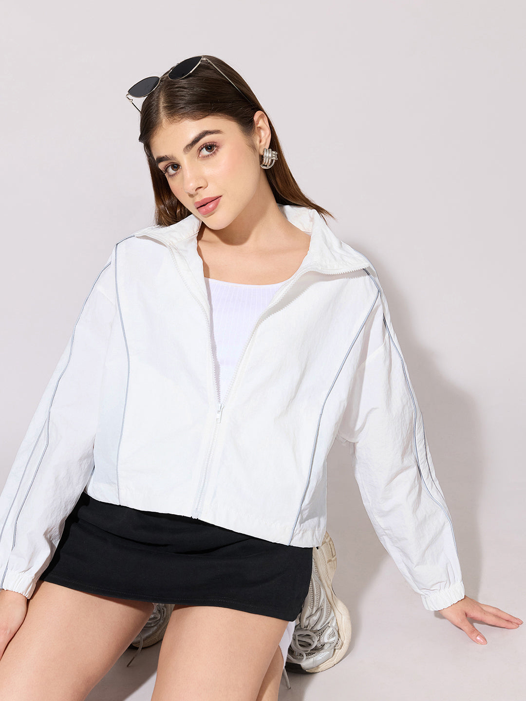 Women's White Zip-Up Jacket with Contrast Piping