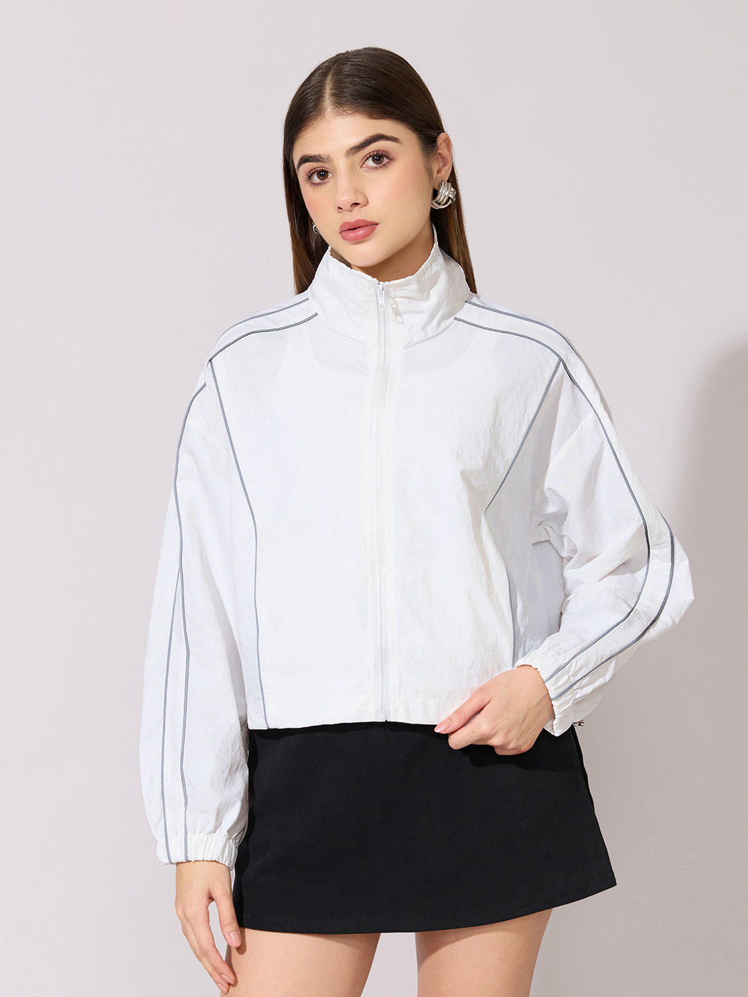 Women's White Zip-Up Jacket with Contrast Piping