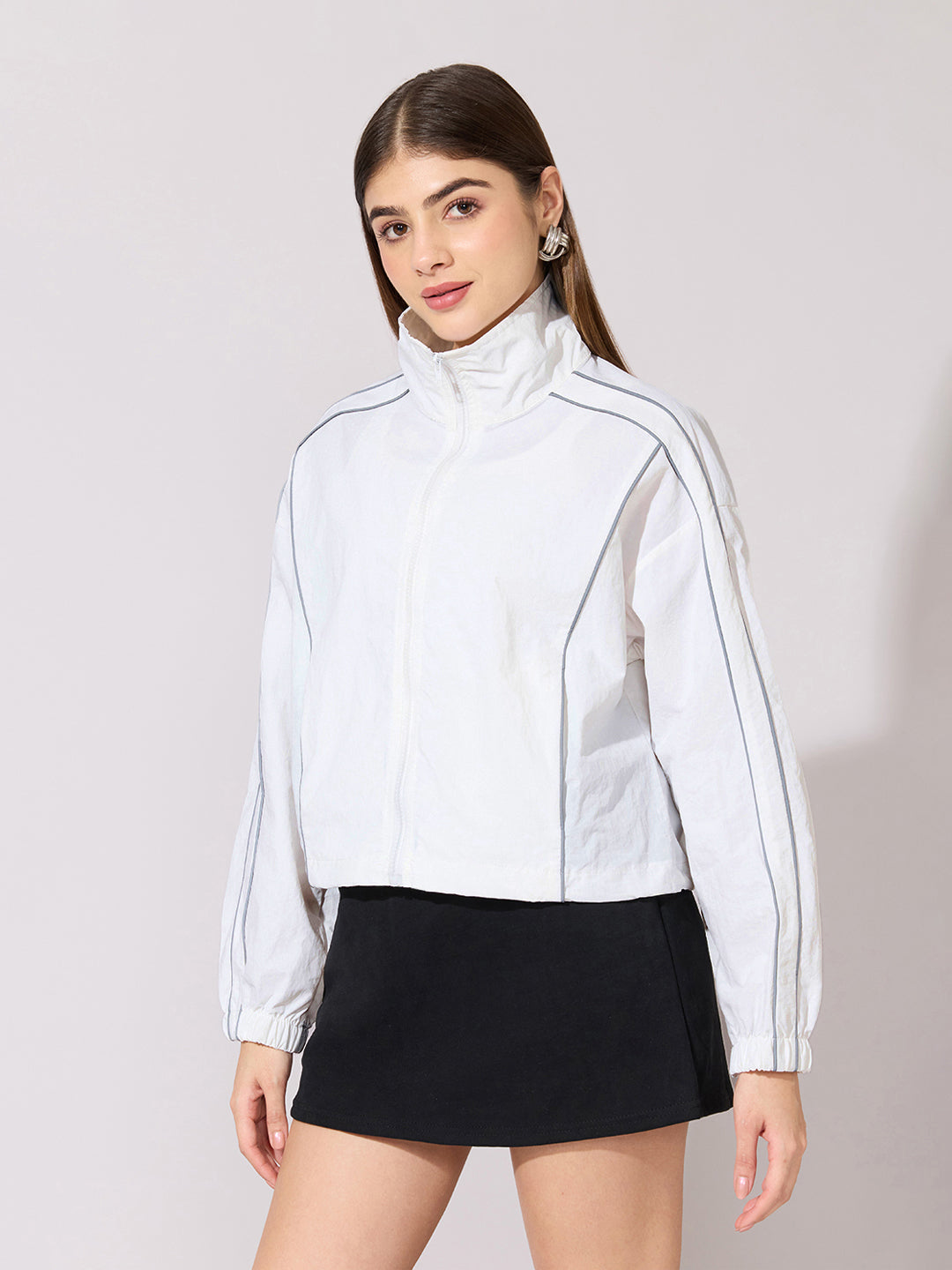 Women's White Zip-Up Jacket with Contrast Piping