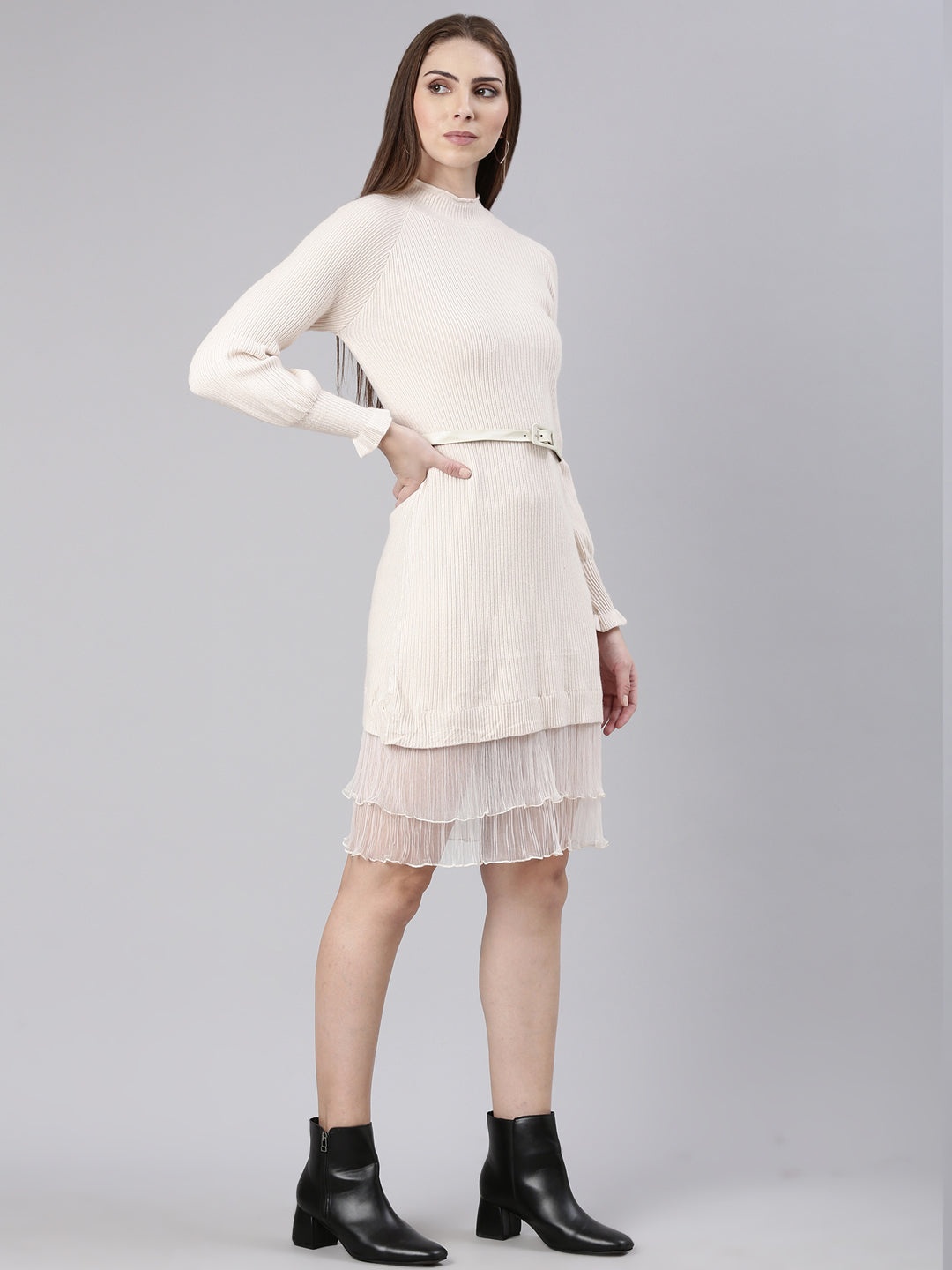 Women's Cream Solid Bodycon Dress