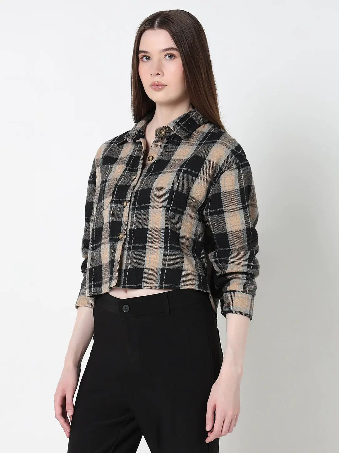 Women's Checked Black Relaxed Fit Crop Shirt - Uncategorized from SHOWOFFFF