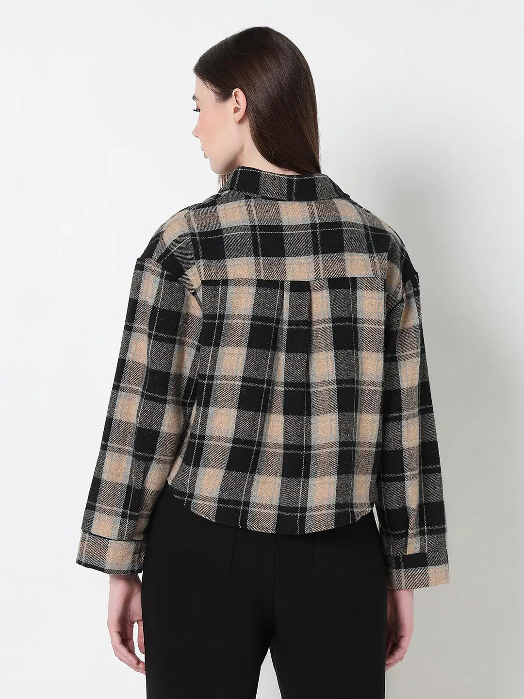 Women's Checked Black Relaxed Fit Crop Shirt - Uncategorized from SHOWOFFFF